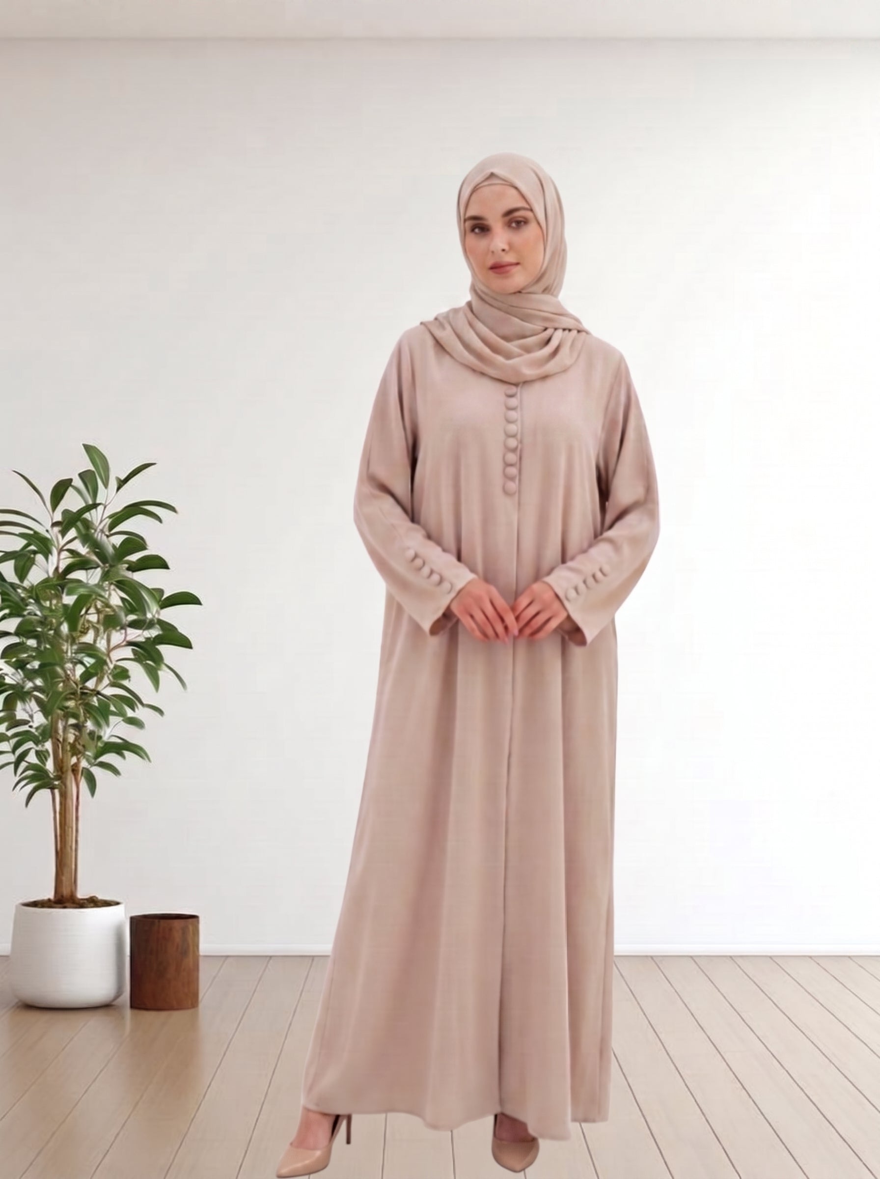 Elegant  Button-Detailed Abaya Fabric Nida  with Matching Hijab