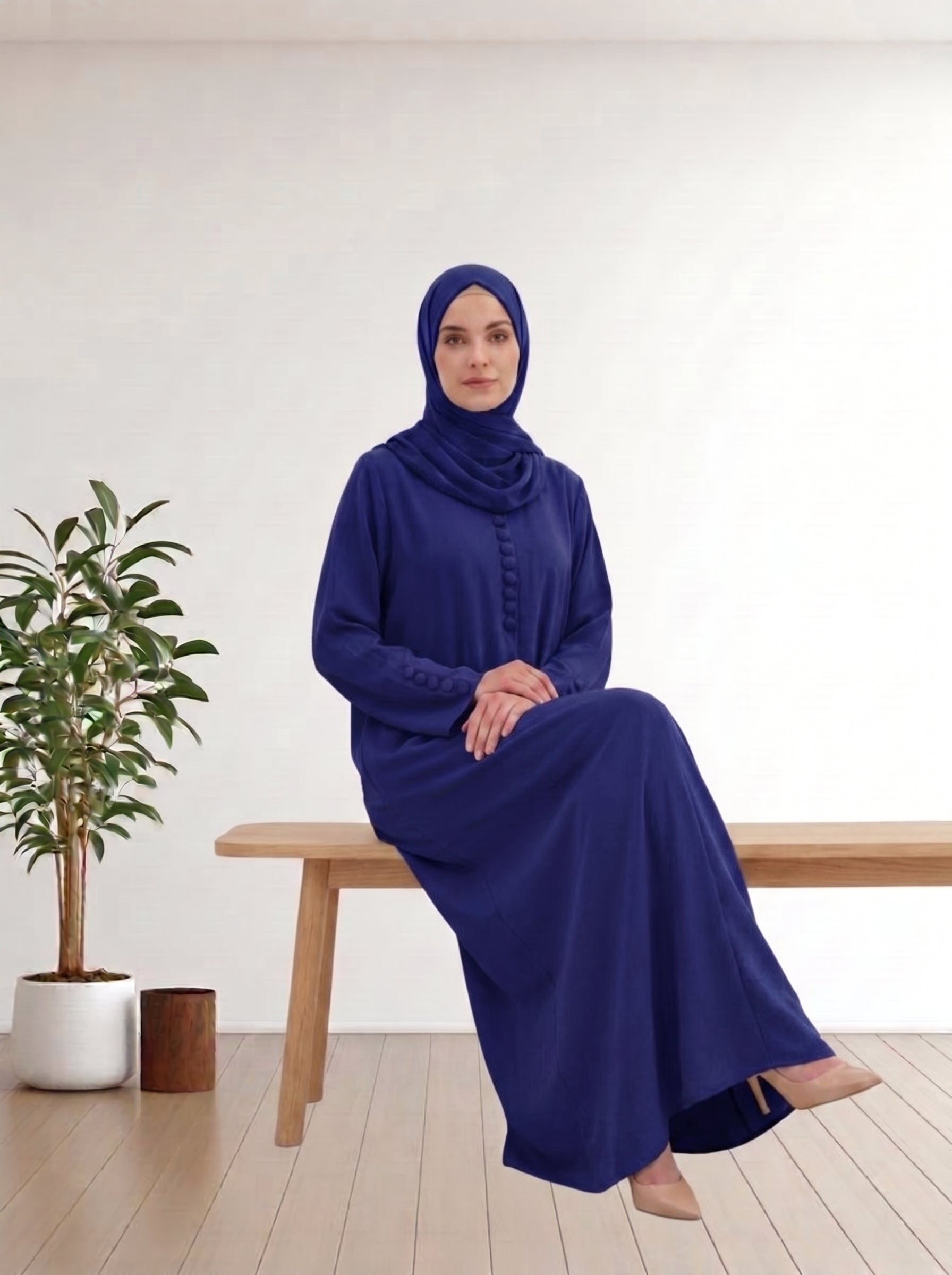 Elegant  Button-Detailed Abaya Fabric Nida  with Matching Hijab