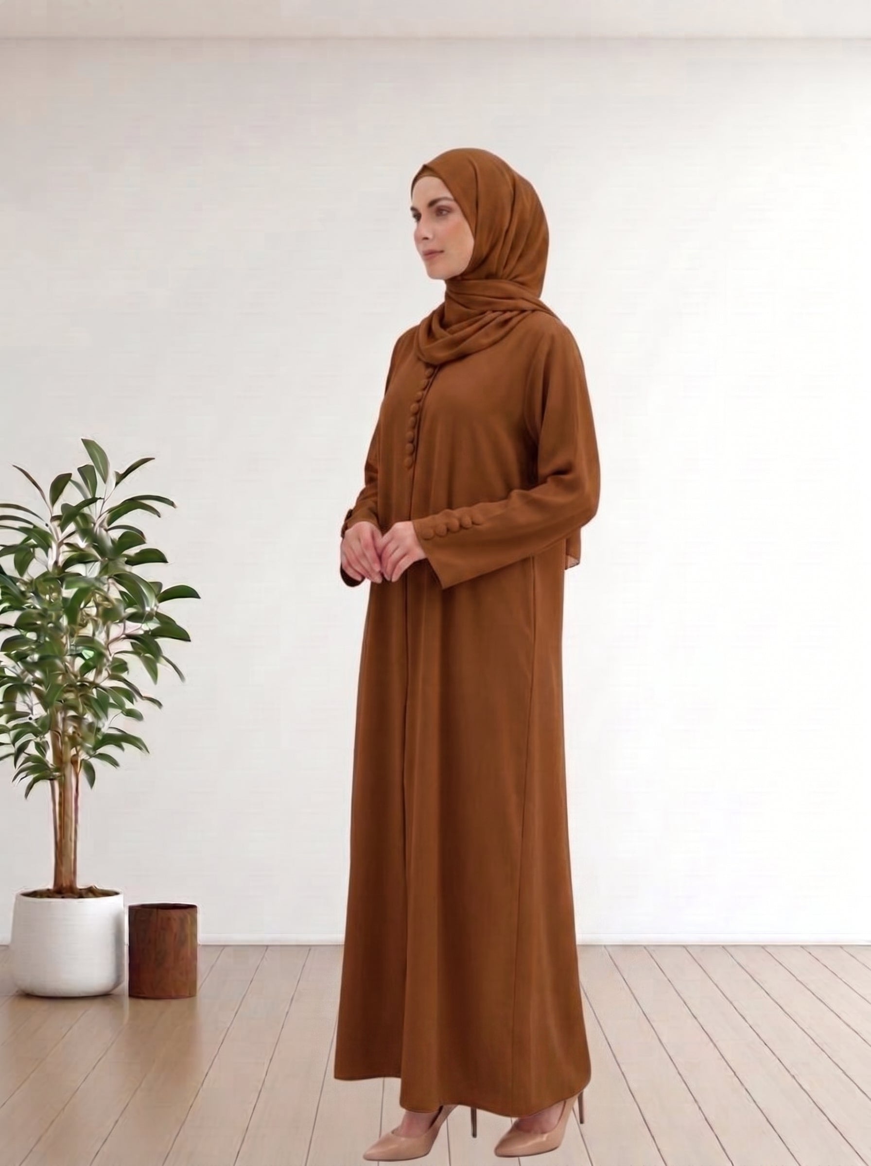 Elegant  Button-Detailed Abaya Fabric Nida  with Matching Hijab