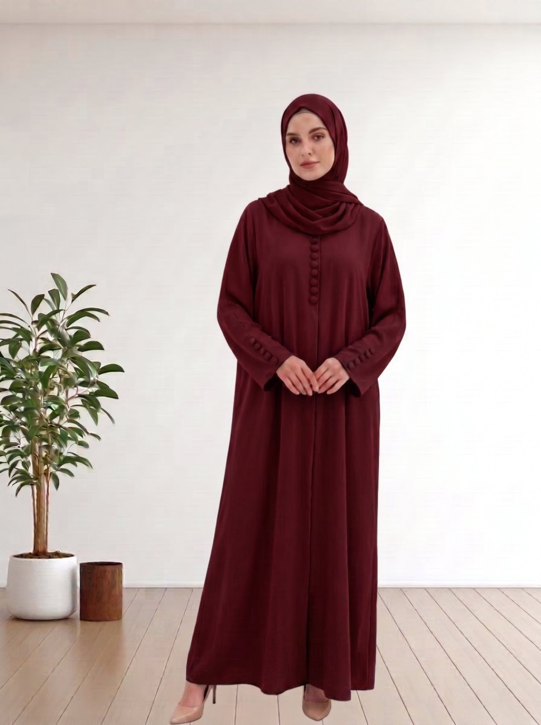 Elegant  Button-Detailed Abaya Fabric Nida  with Matching Hijab