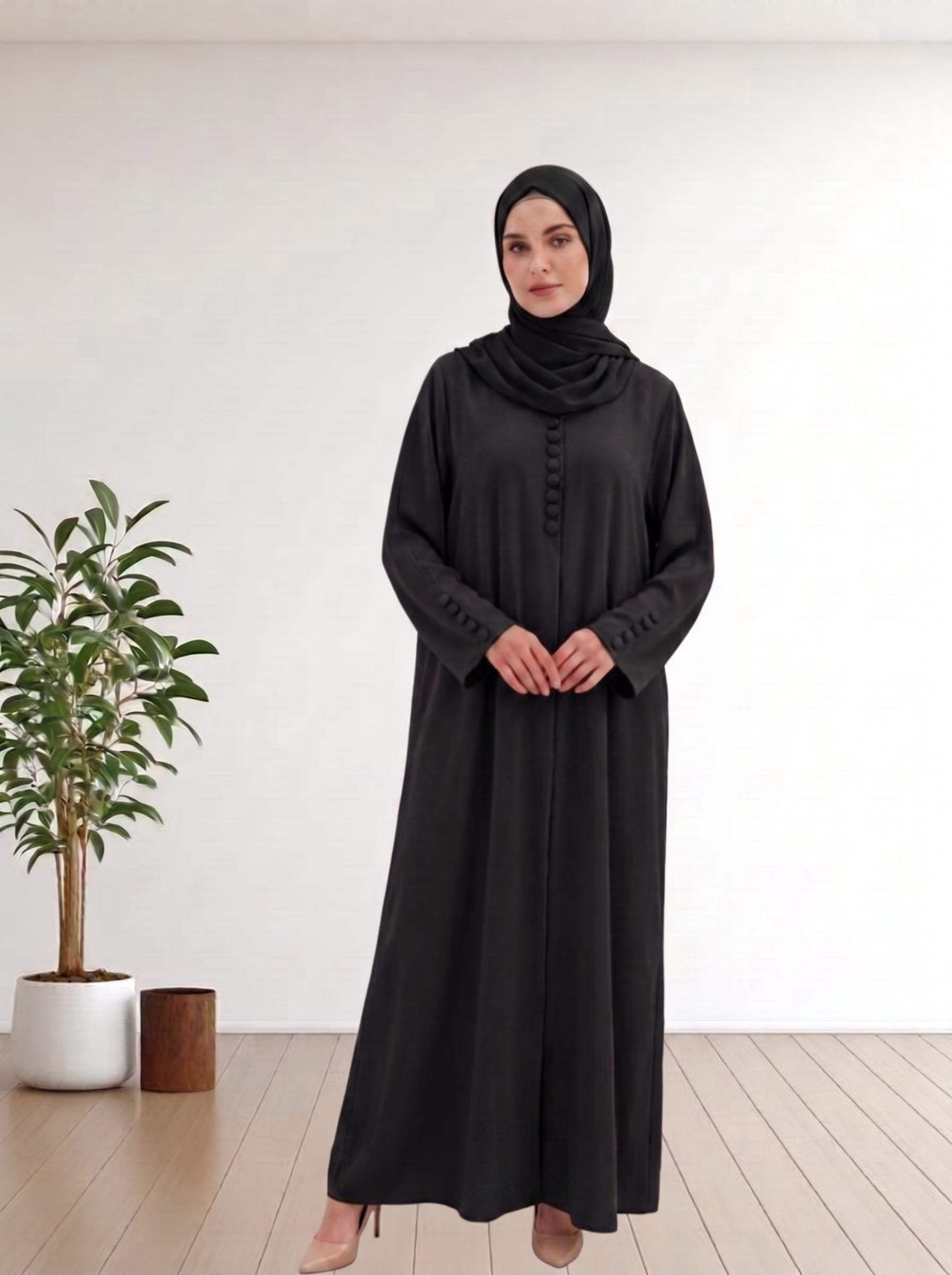 Elegant  Button-Detailed Abaya Fabric Nida  with Matching Hijab
