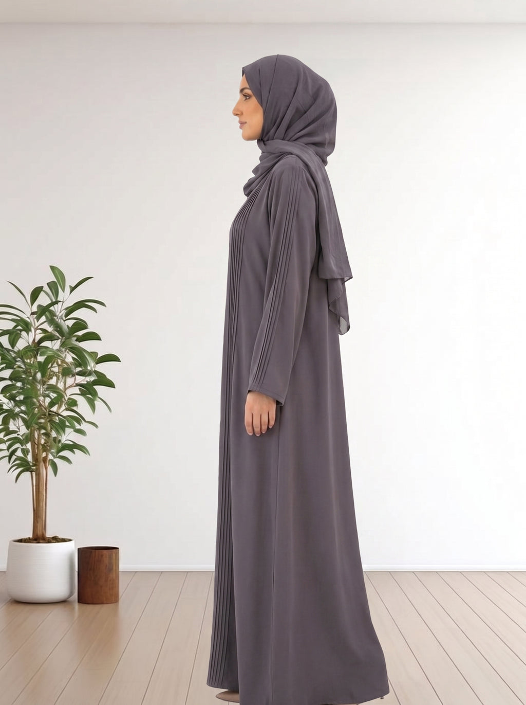 Elegant Charcoal Grey Pleated Abaya with Matching Hijab