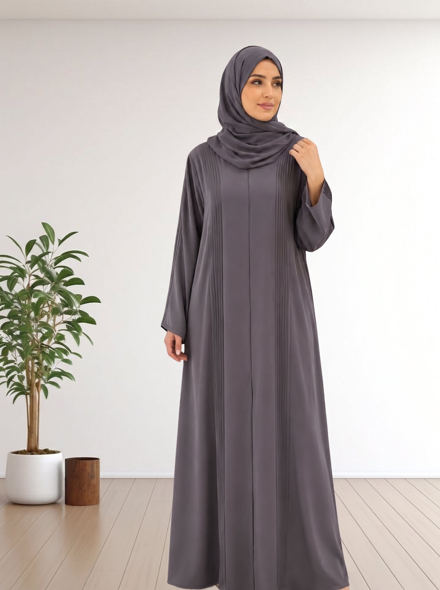 Elegant Charcoal Grey Pleated Abaya with Matching Hijab