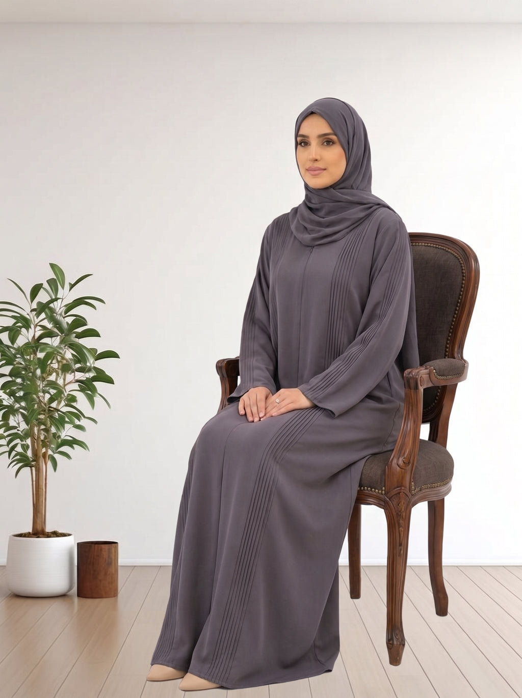 Elegant Charcoal Grey Pleated Abaya with Matching Hijab