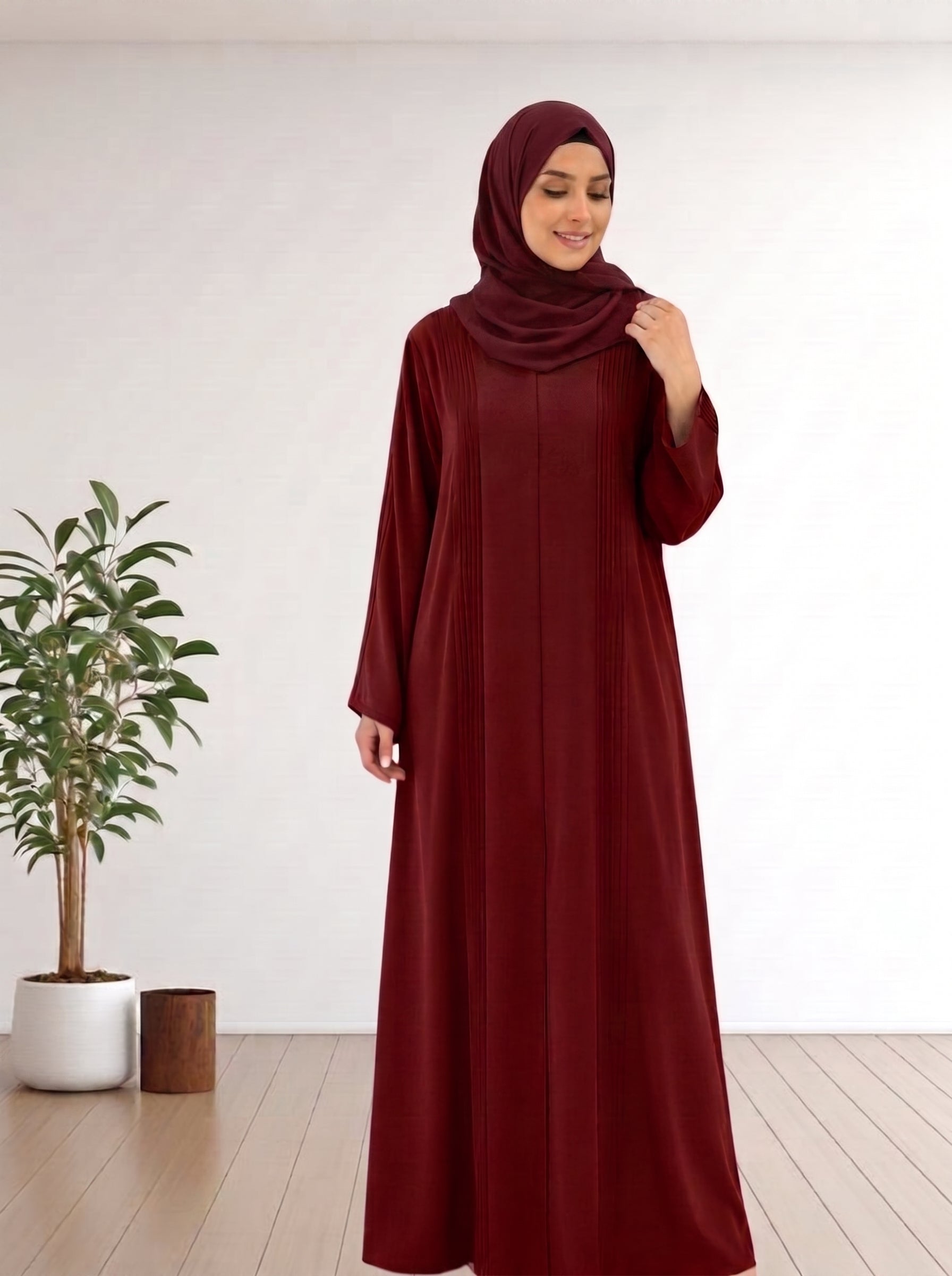 Premium Maroon Pleated Abaya FABRIC KOREA 100%