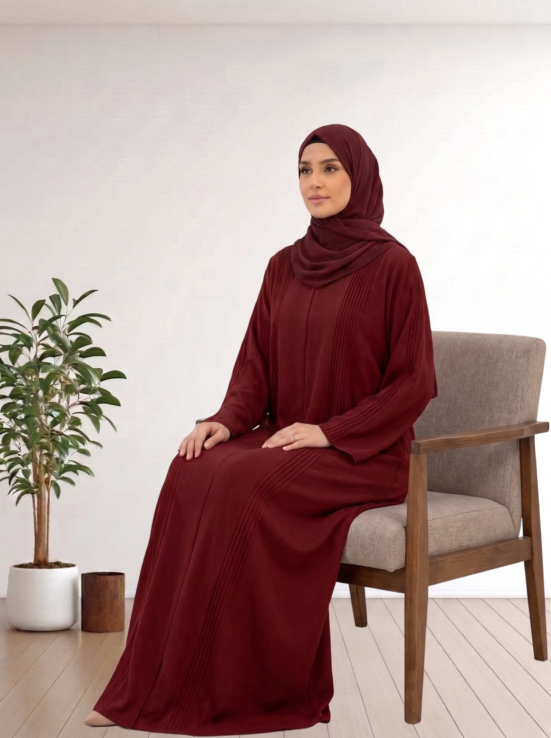 Premium Maroon Pleated Abaya FABRIC KOREA 100%