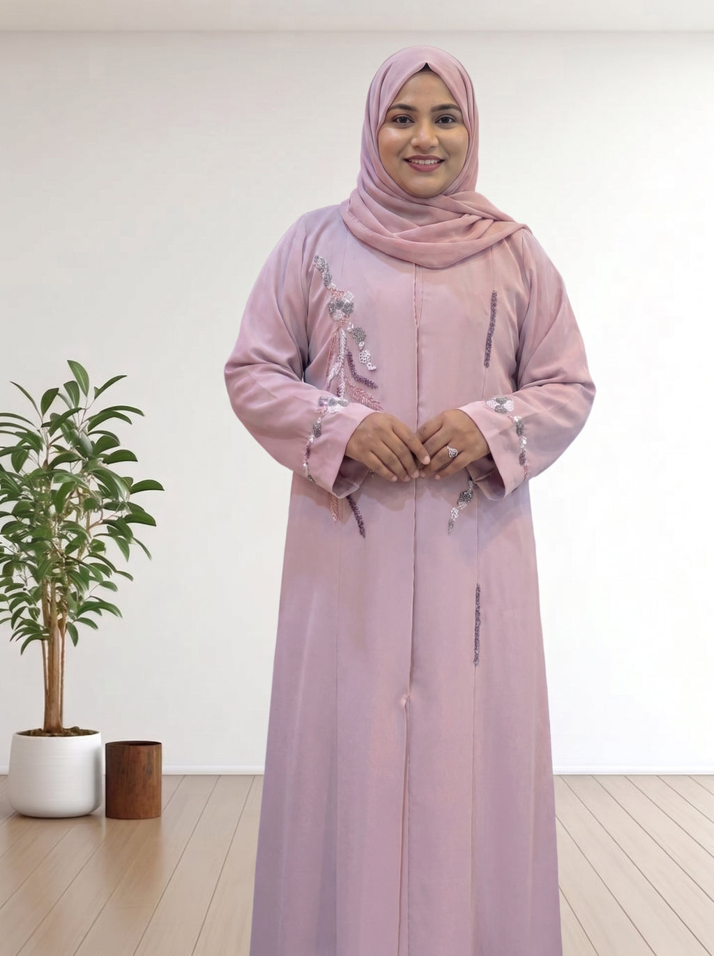 Elegant Dusty Pink Handmade Abaya with Matching Hijab