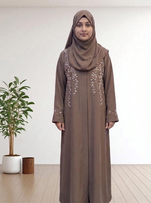 Elegant Mocha Brown Embroidered Abaya with Matching Hijab