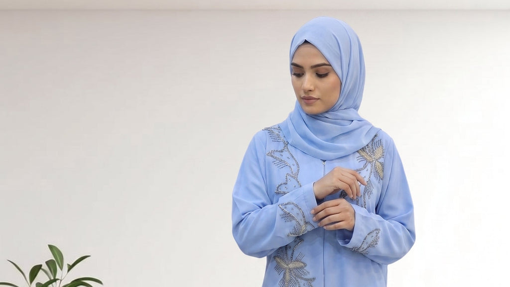 Elegant Sky Blue Abaya Febric Ila Crepe with Handcrafted Floral Beadwork