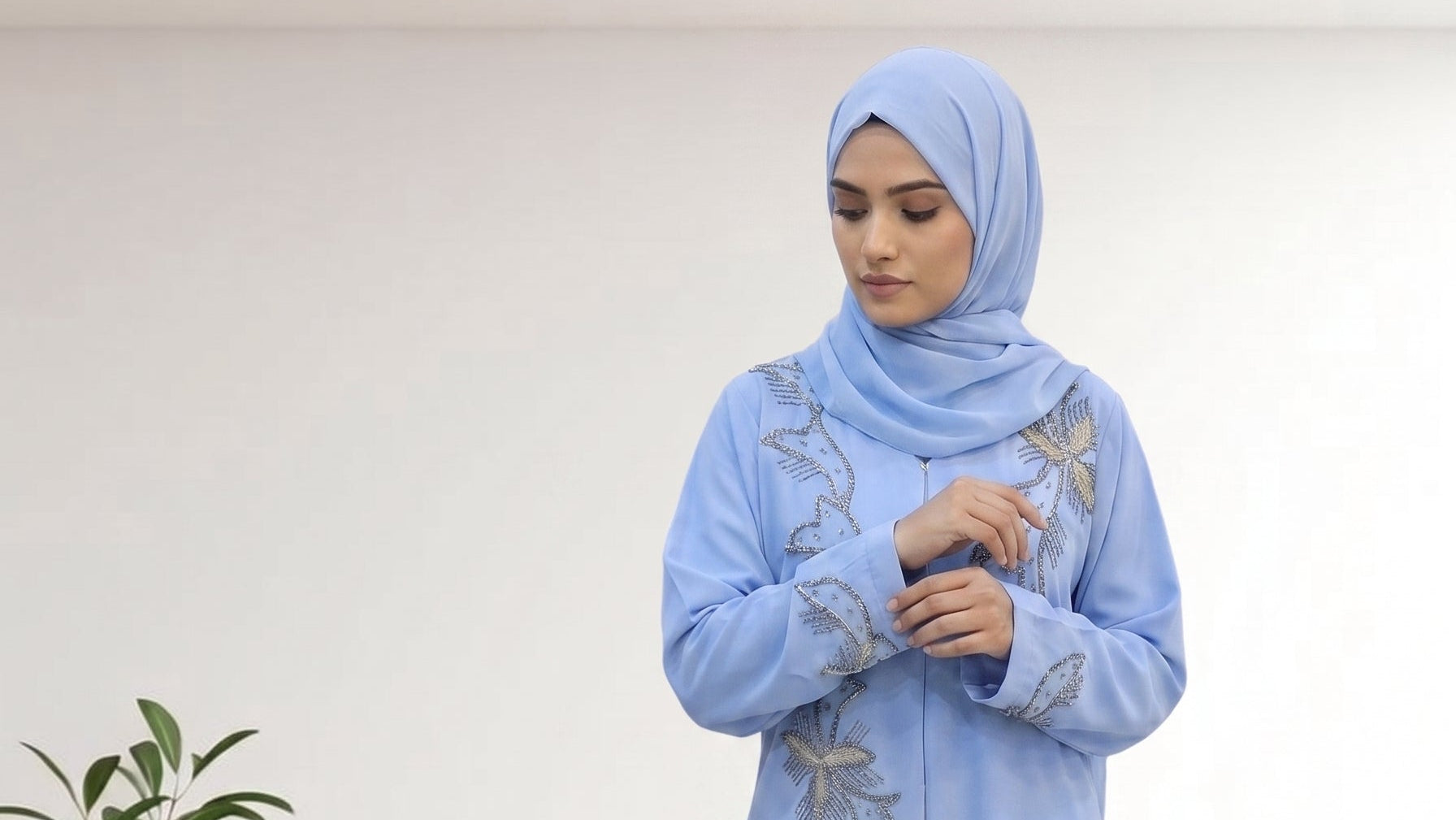 Elegant Sky Blue Abaya Febric Ila Crepe with Handcrafted Floral Beadwork