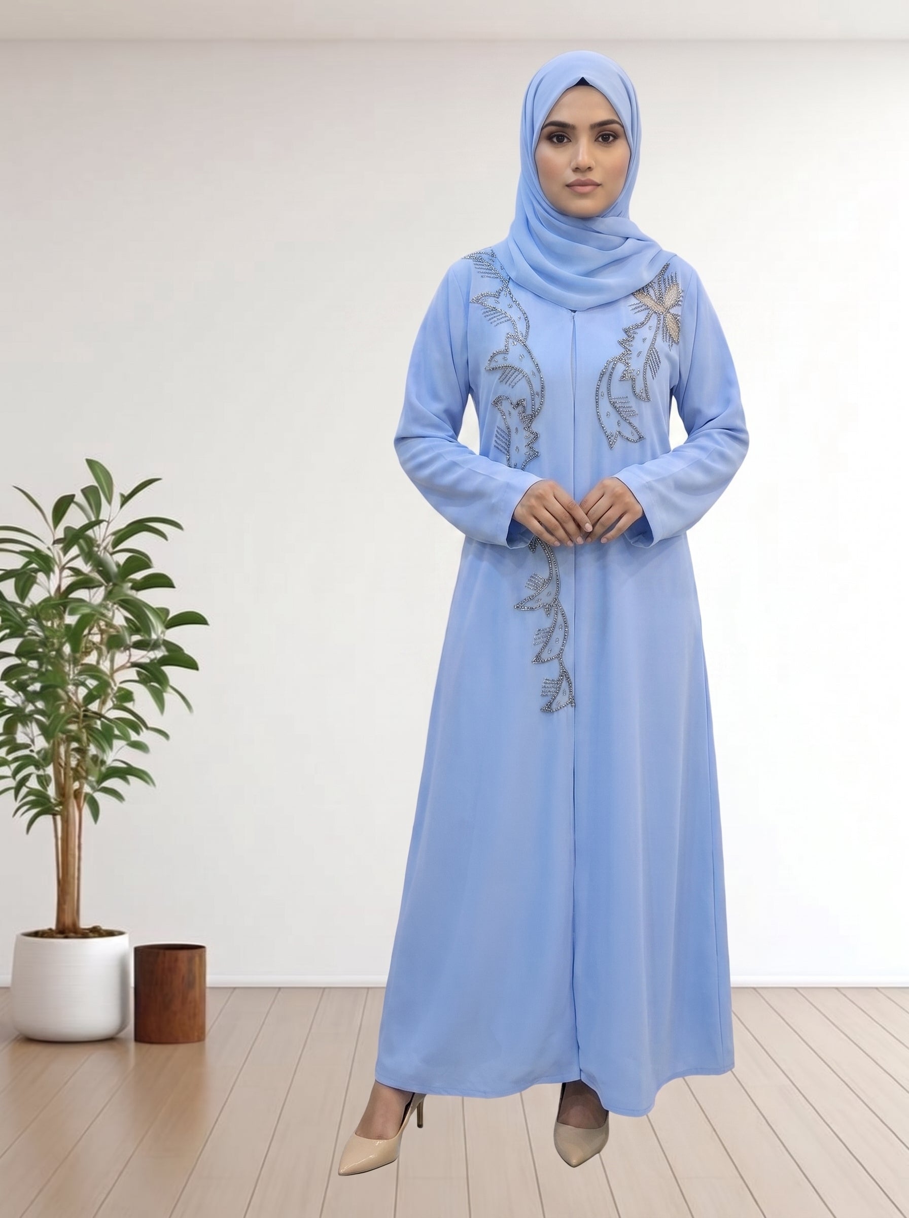 Elegant Sky Blue Abaya Febric Ila Crepe with Handcrafted Floral Beadwork