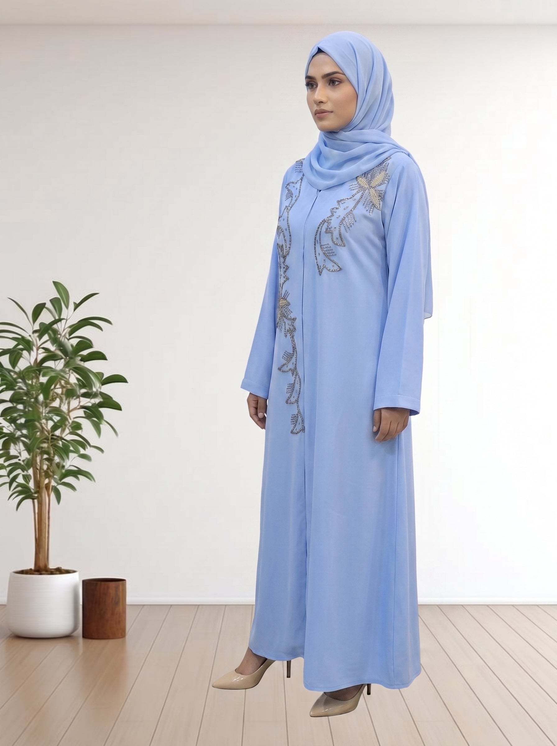 Elegant Sky Blue Abaya Febric Ila Crepe with Handcrafted Floral Beadwork