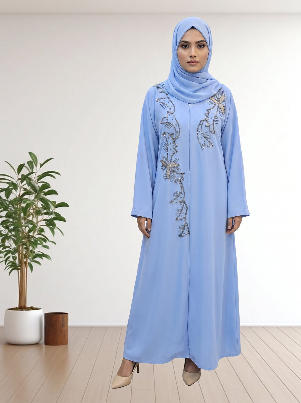 Elegant Sky Blue Abaya Febric Ila Crepe with Handcrafted Floral Beadwork