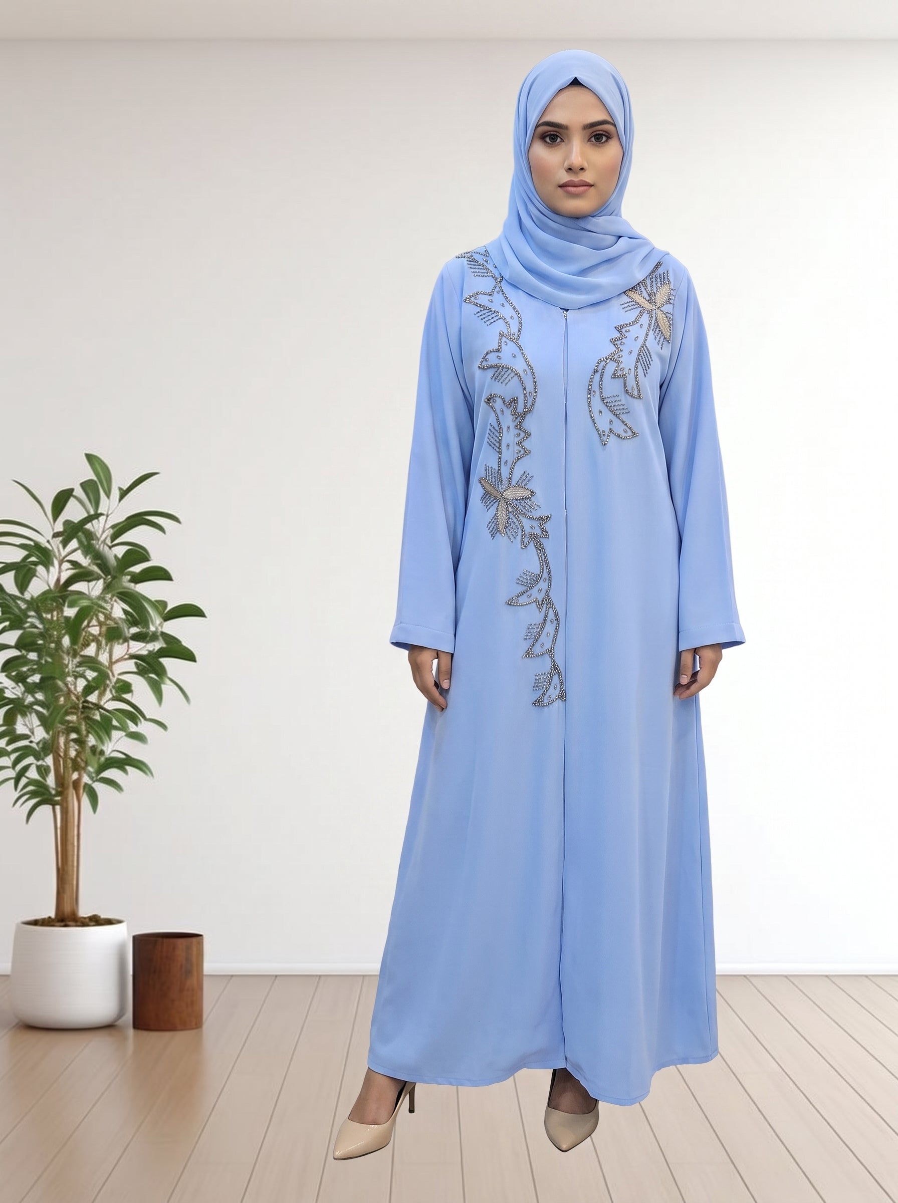 Elegant Sky Blue Abaya Febric Ila Crepe with Handcrafted Floral Beadwork
