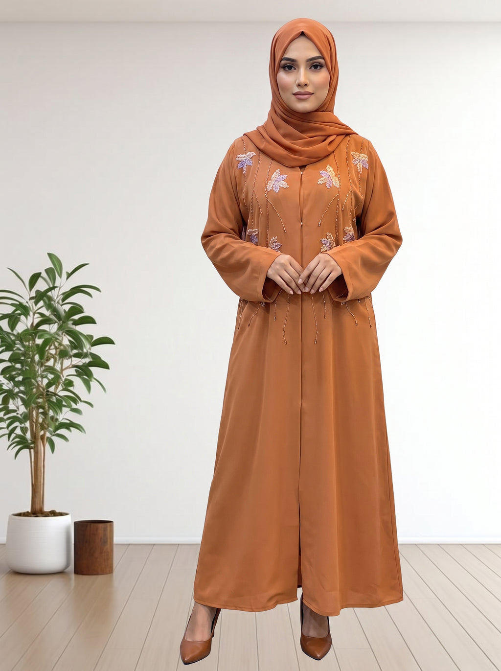 Elegant Burnt Orange Abaya with hand Embroidery & Hijab Set