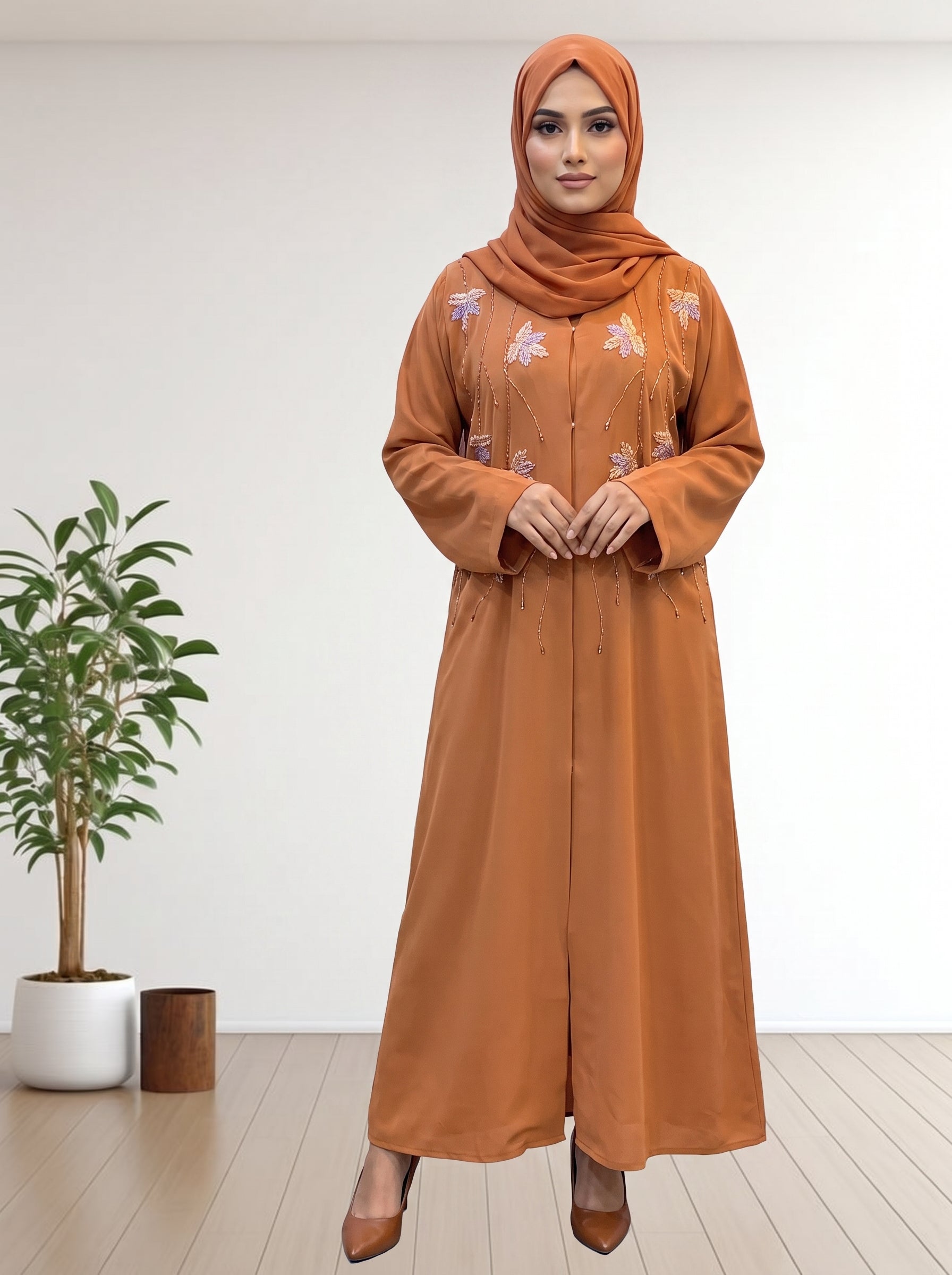 Elegant Burnt Orange Abaya with hand Embroidery & Hijab Set