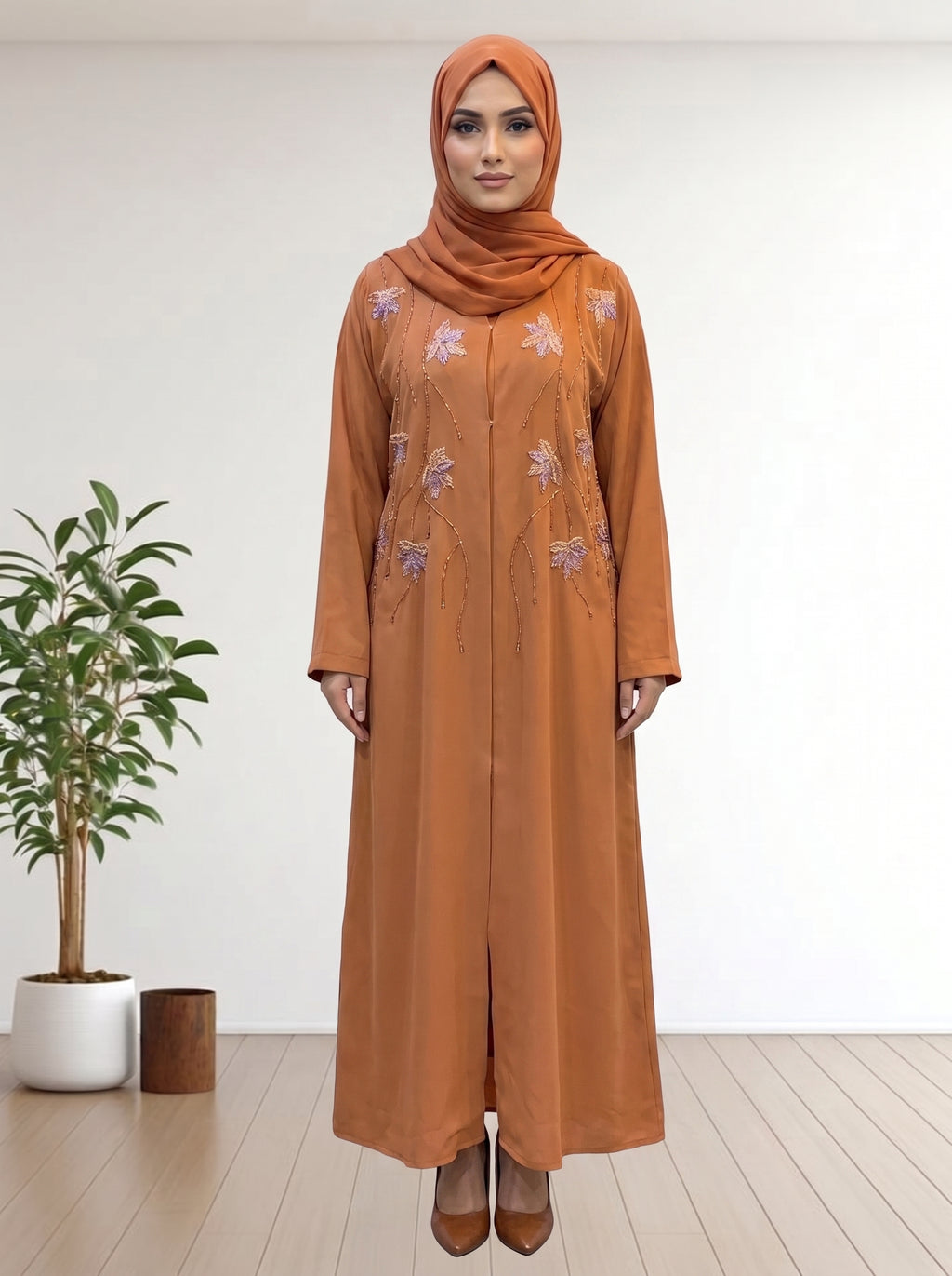 Elegant Burnt Orange Abaya with hand Embroidery & Hijab Set