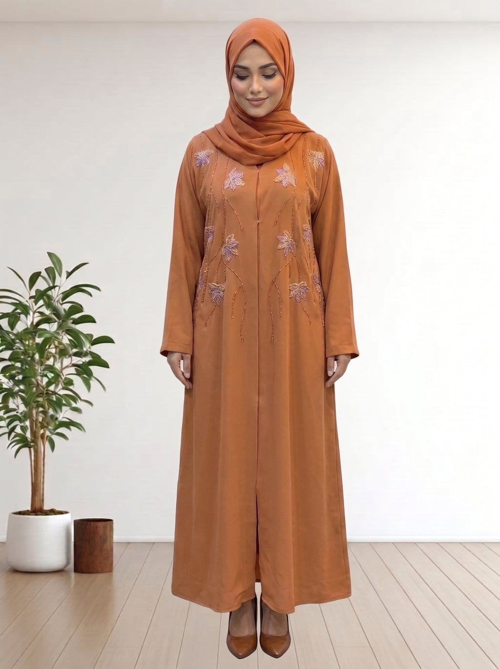 Elegant Burnt Orange Abaya with hand Embroidery & Hijab Set