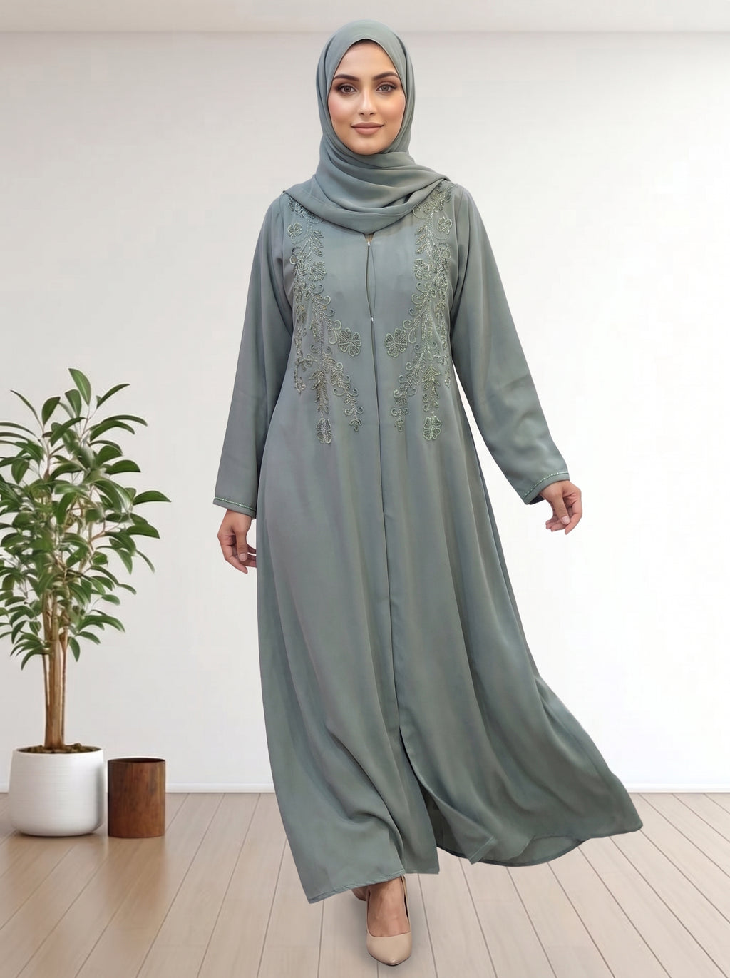 Luxury  Abaya with Symmetrical Beadwork hijab with a matching abaya