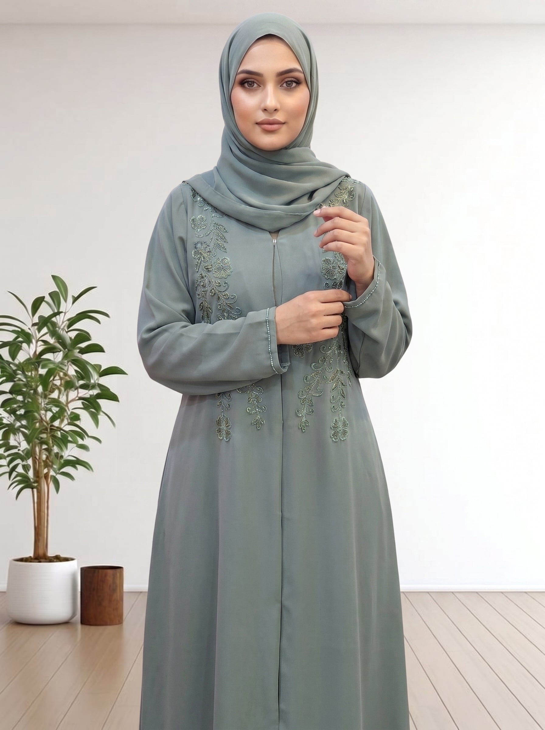 Luxury  Abaya with Symmetrical Beadwork hijab with a matching abaya