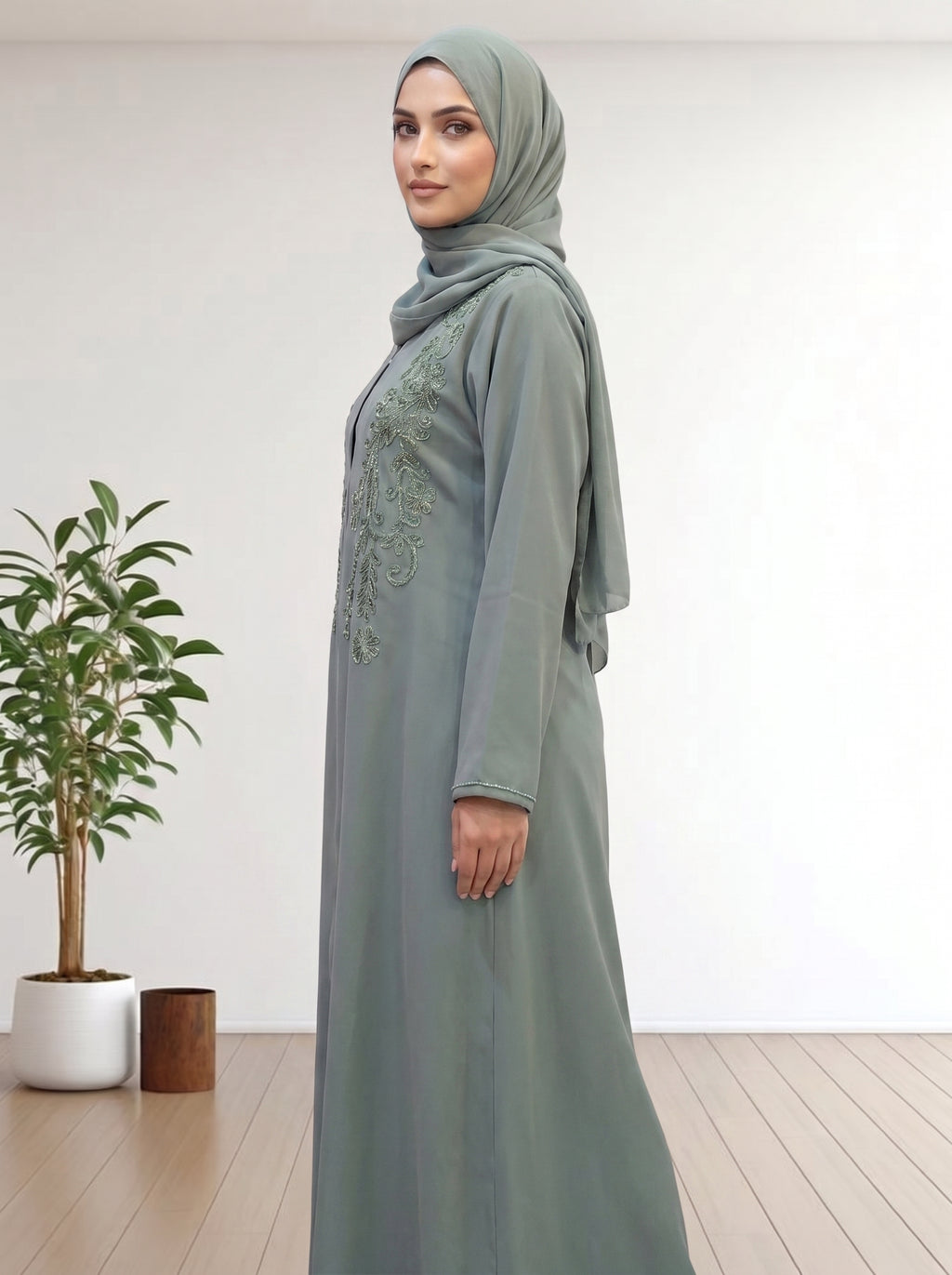 Luxury  Abaya with Symmetrical Beadwork hijab with a matching abaya