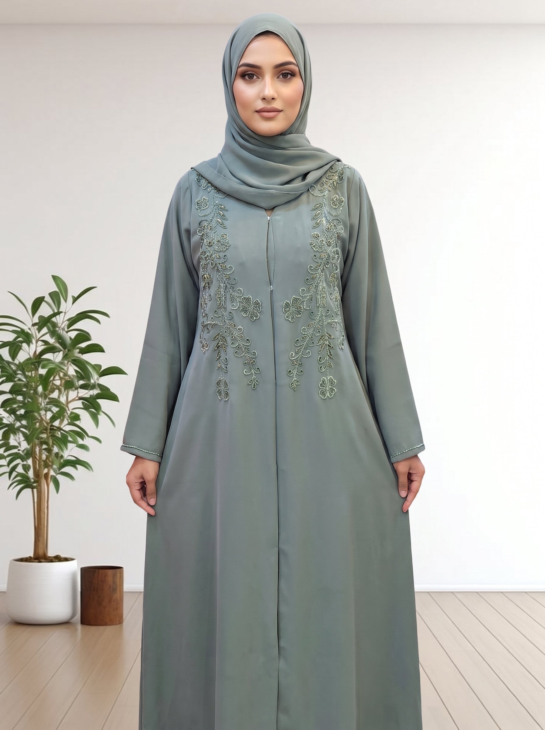 Luxury  Abaya with Symmetrical Beadwork hijab with a matching abaya