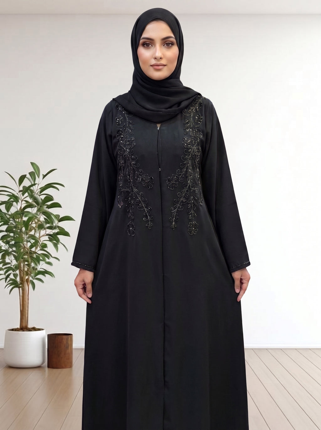 Luxury  Abaya with Symmetrical Beadwork hijab with a matching abaya