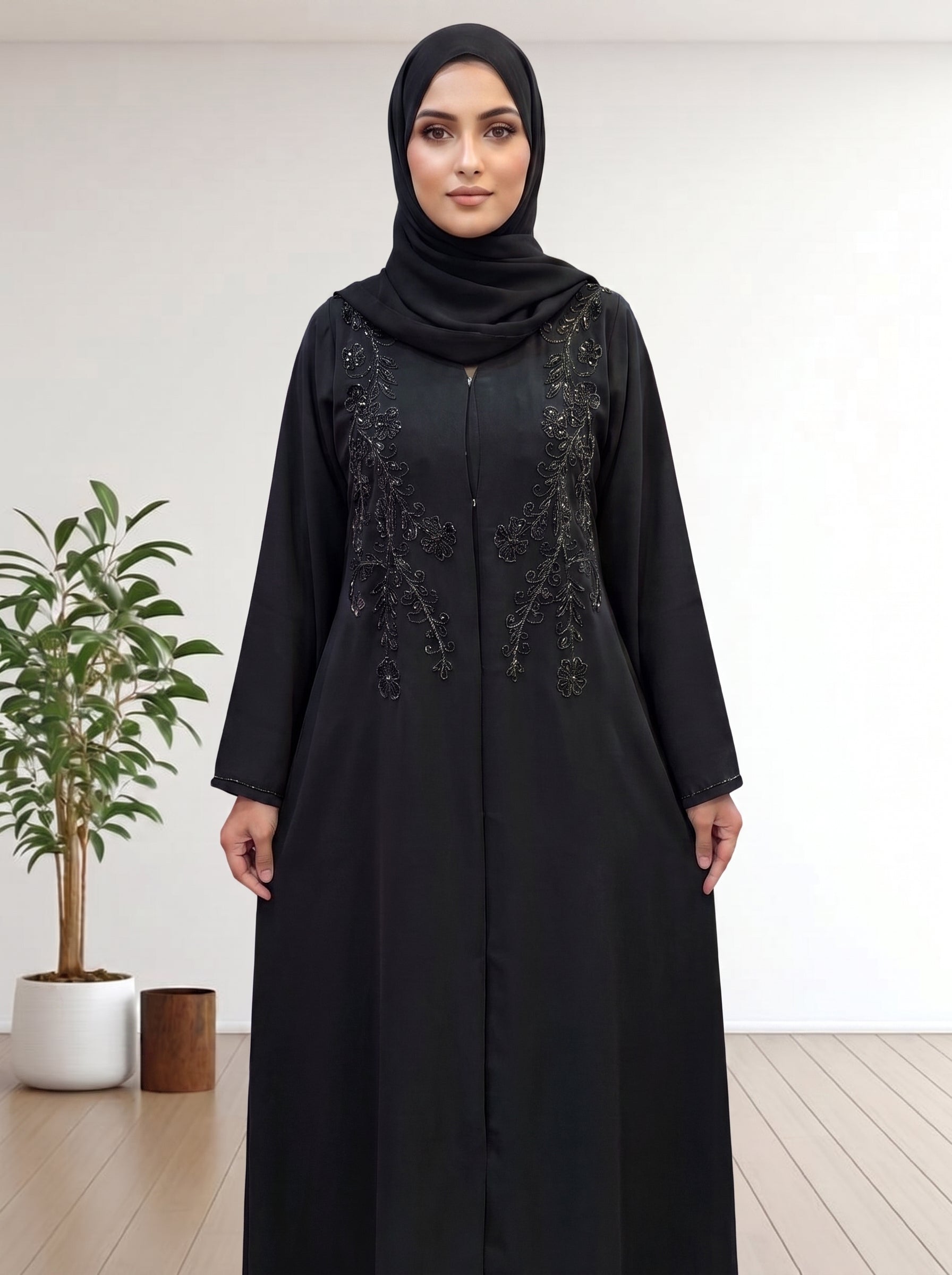 Luxury  Abaya with Symmetrical Beadwork hijab with a matching abaya