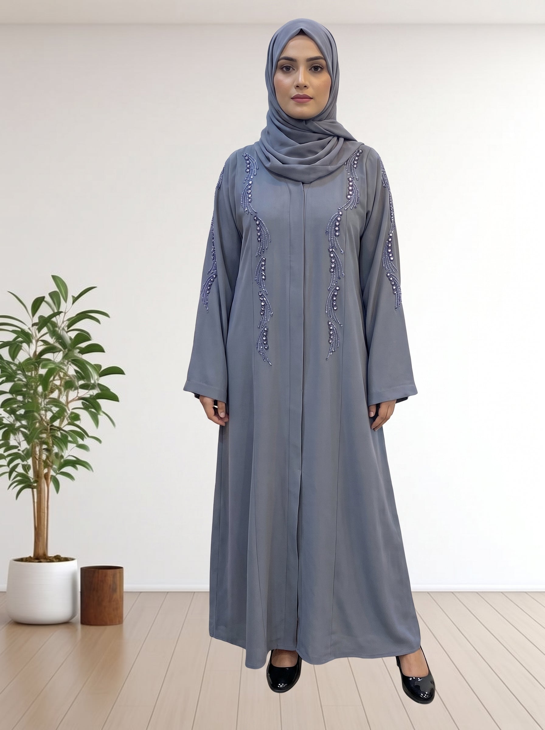 Luxury  Abaya with Symmetrical Beadwork & Hijab