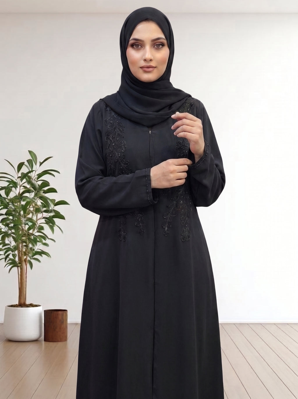 Luxury  Abaya with Symmetrical Beadwork hijab with a matching abaya