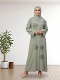 Luxury Pastel Olive Abaya with Custom Beadwork & Same Hijab