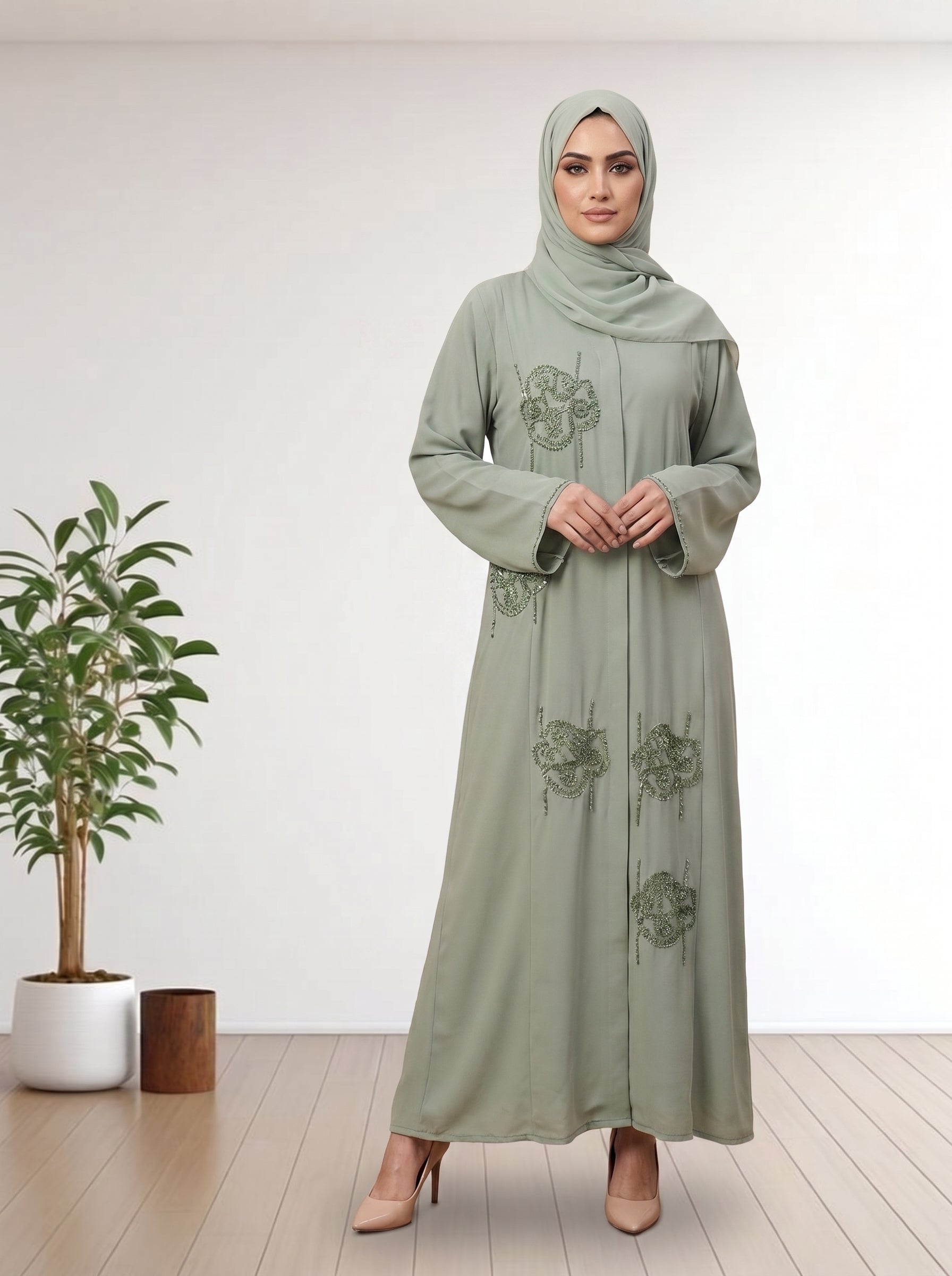 Luxury Pastel Olive Abaya with Custom Beadwork & Same Hijab