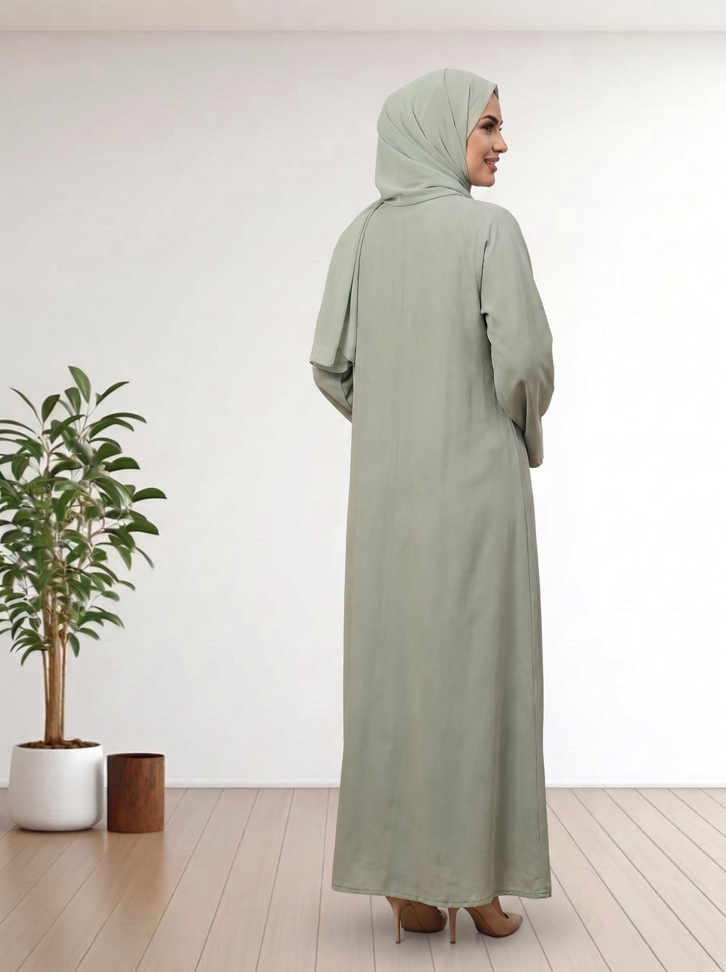 Luxury Pastel Olive Abaya with Custom Beadwork & Same Hijab