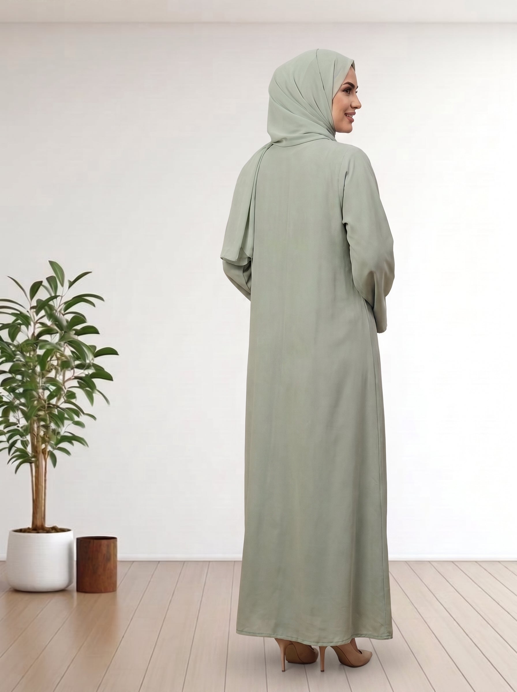 Luxury Pastel Olive Abaya with Custom Beadwork & Same Hijab