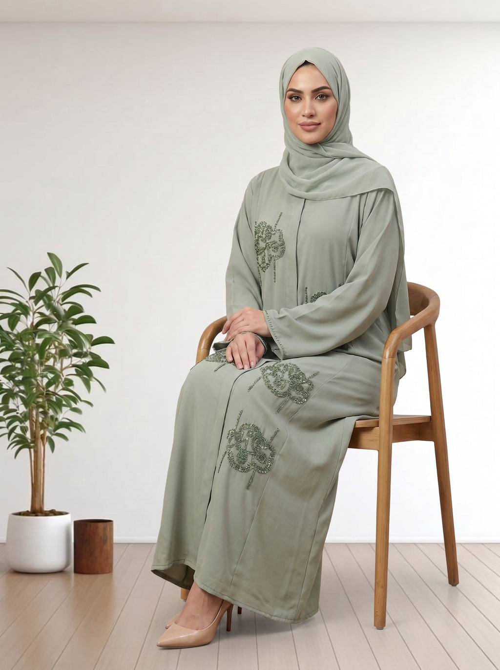 Luxury Pastel Olive Abaya with Custom Beadwork & Same Hijab