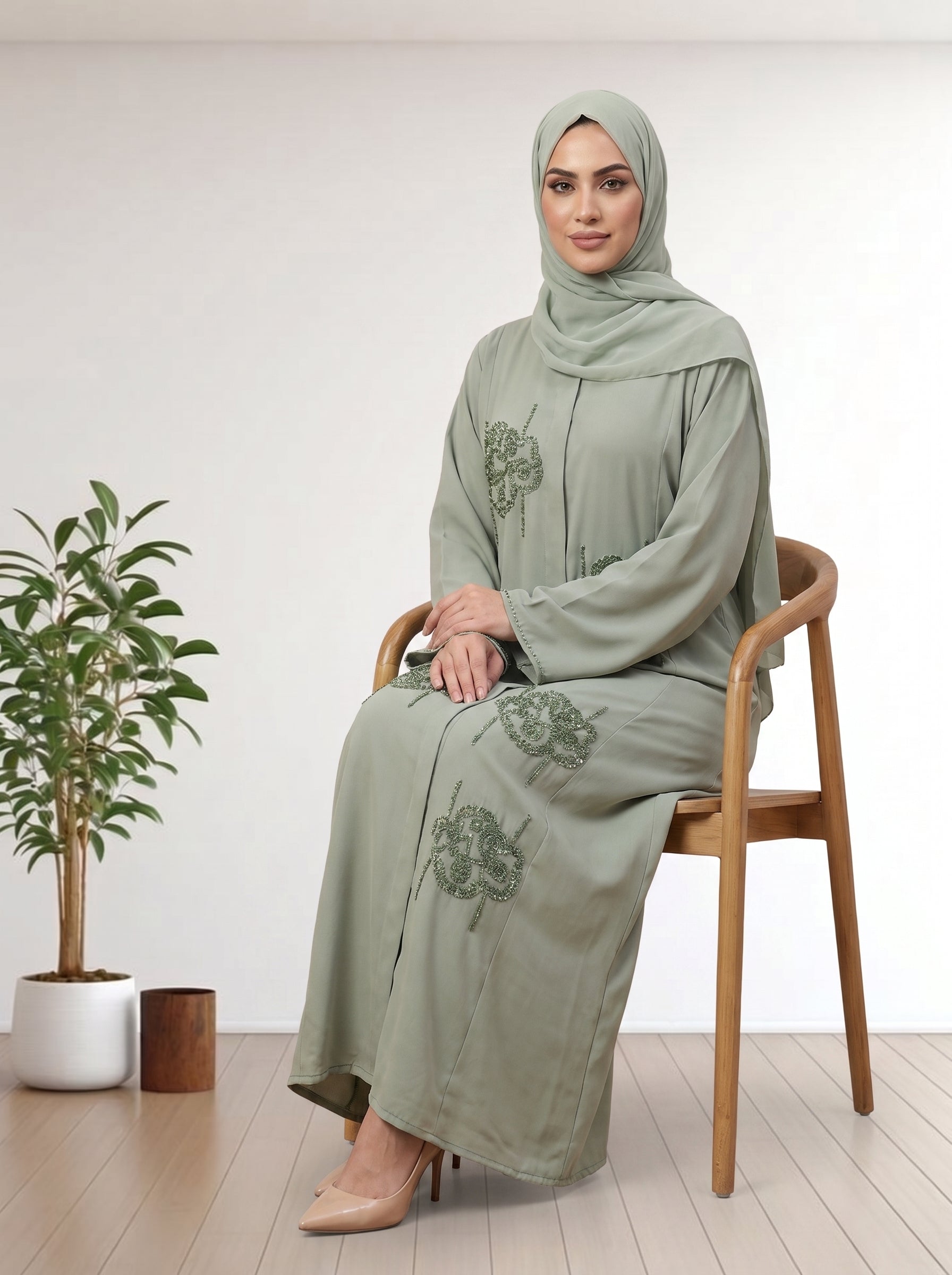 Luxury Pastel Olive Abaya with Custom Beadwork & Same Hijab