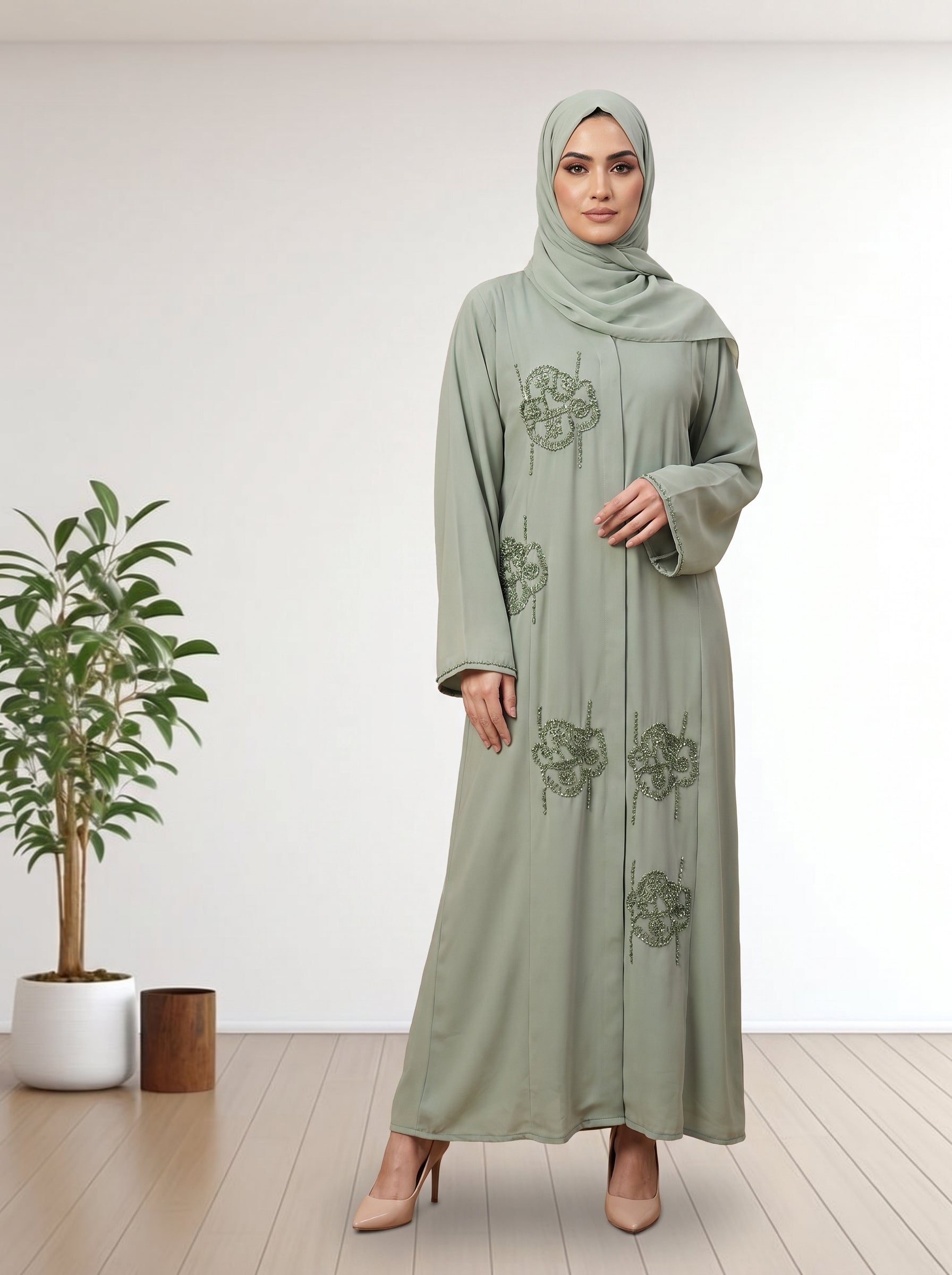 Luxury Pastel Olive Abaya with Custom Beadwork & Same Hijab