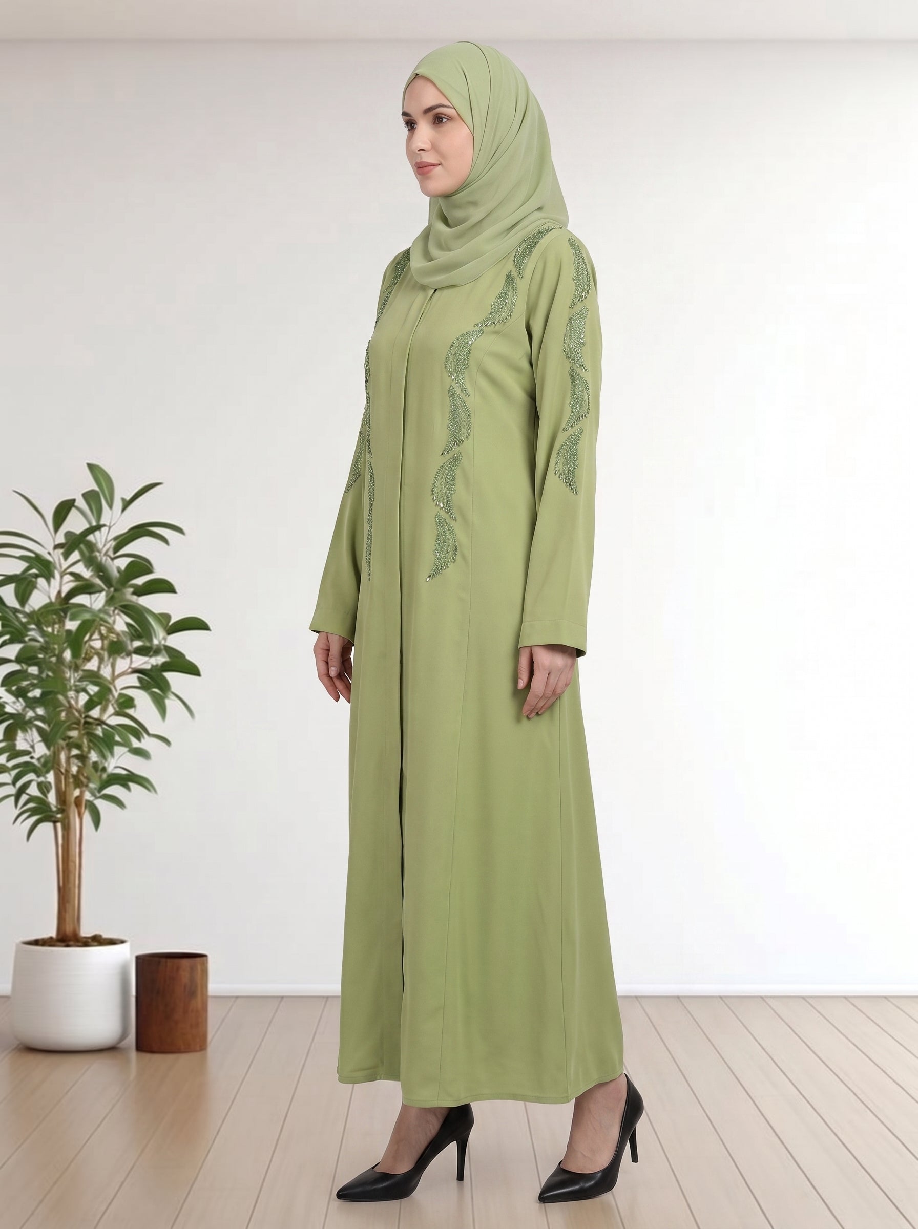 Luxury  Abaya with Symmetrical Beadwork & Hijab