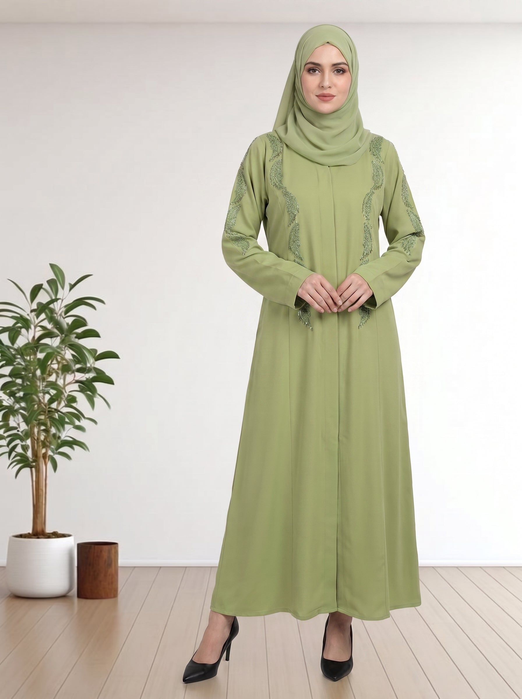 Luxury  Abaya with Symmetrical Beadwork & Hijab
