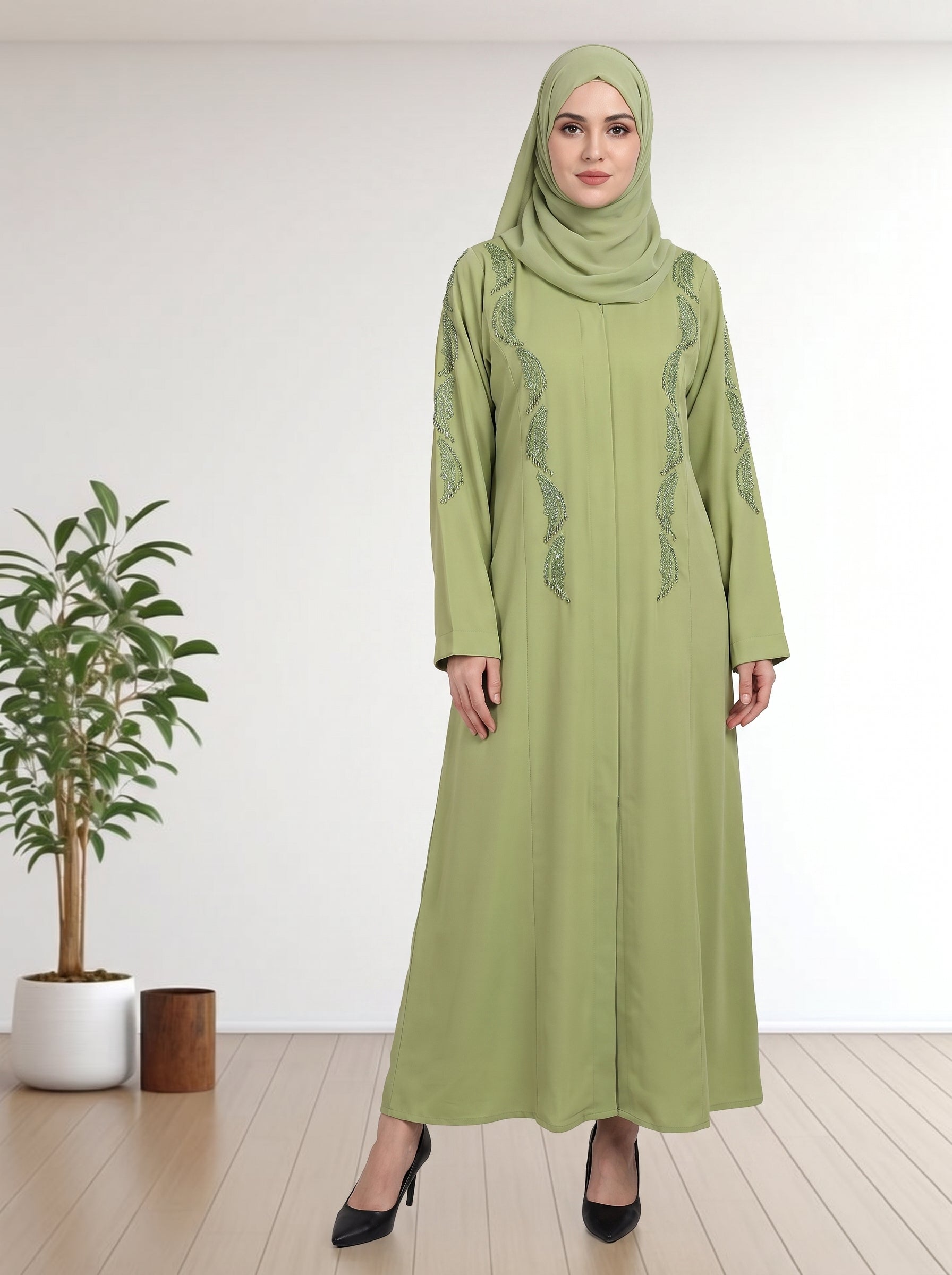 Luxury  Abaya with Symmetrical Beadwork & Hijab