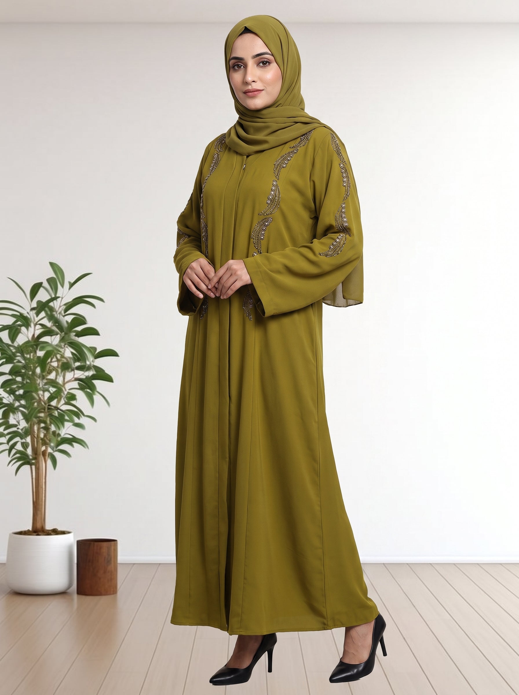 Luxury  Abaya with Symmetrical Beadwork & Hijab