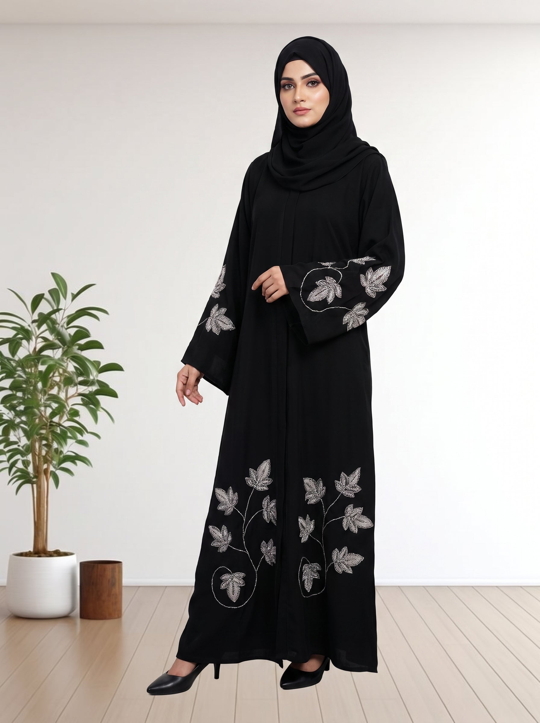 Premium Black Abaya with Handcrafted Stone & Beadwork