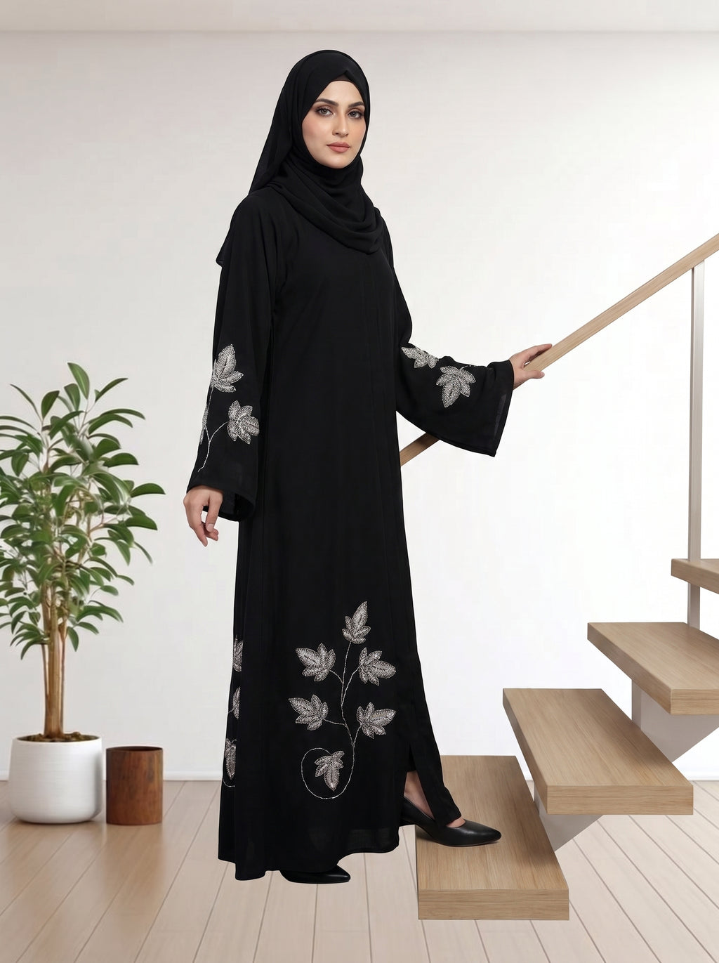 Premium Black Abaya with Handcrafted Stone & Beadwork