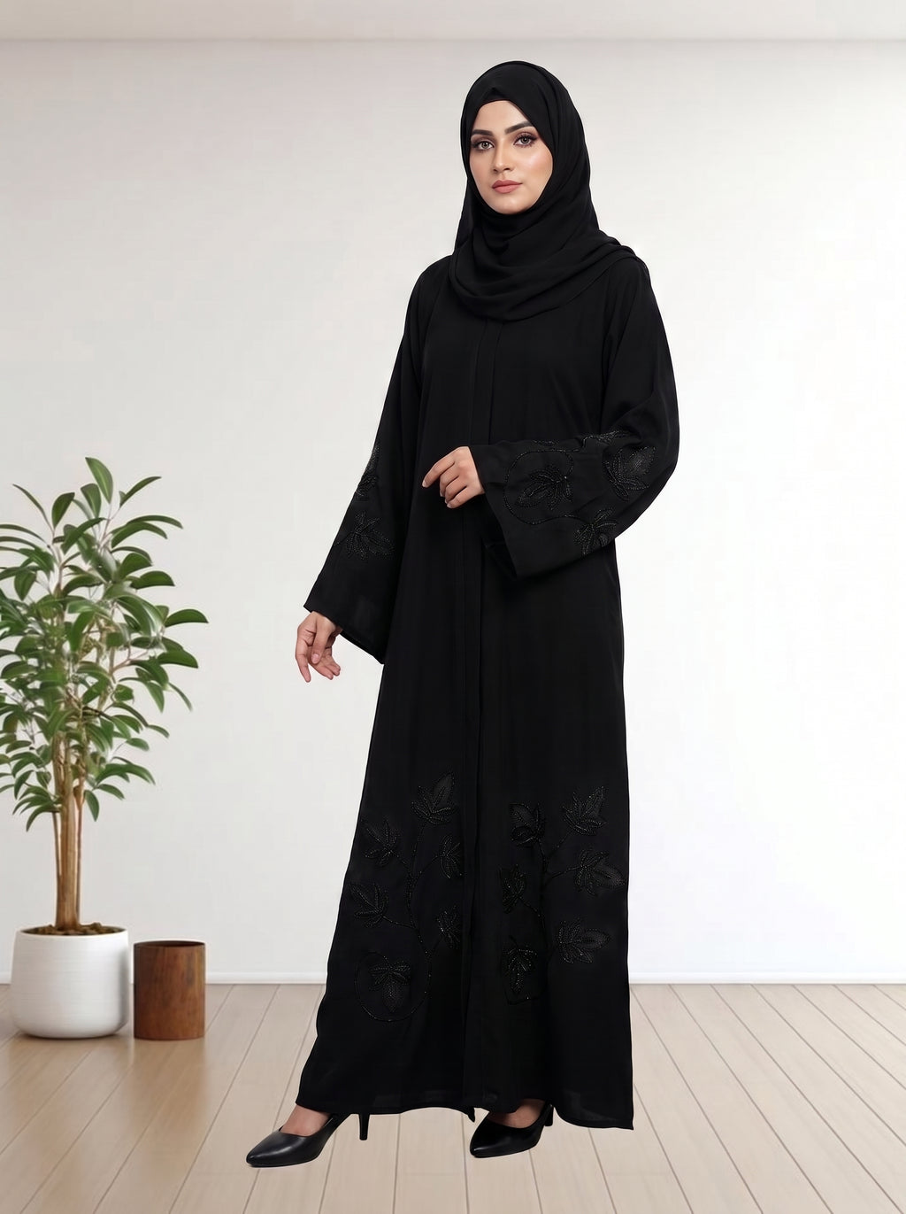Premium Black Abaya with Handcrafted Stone & Beadwork