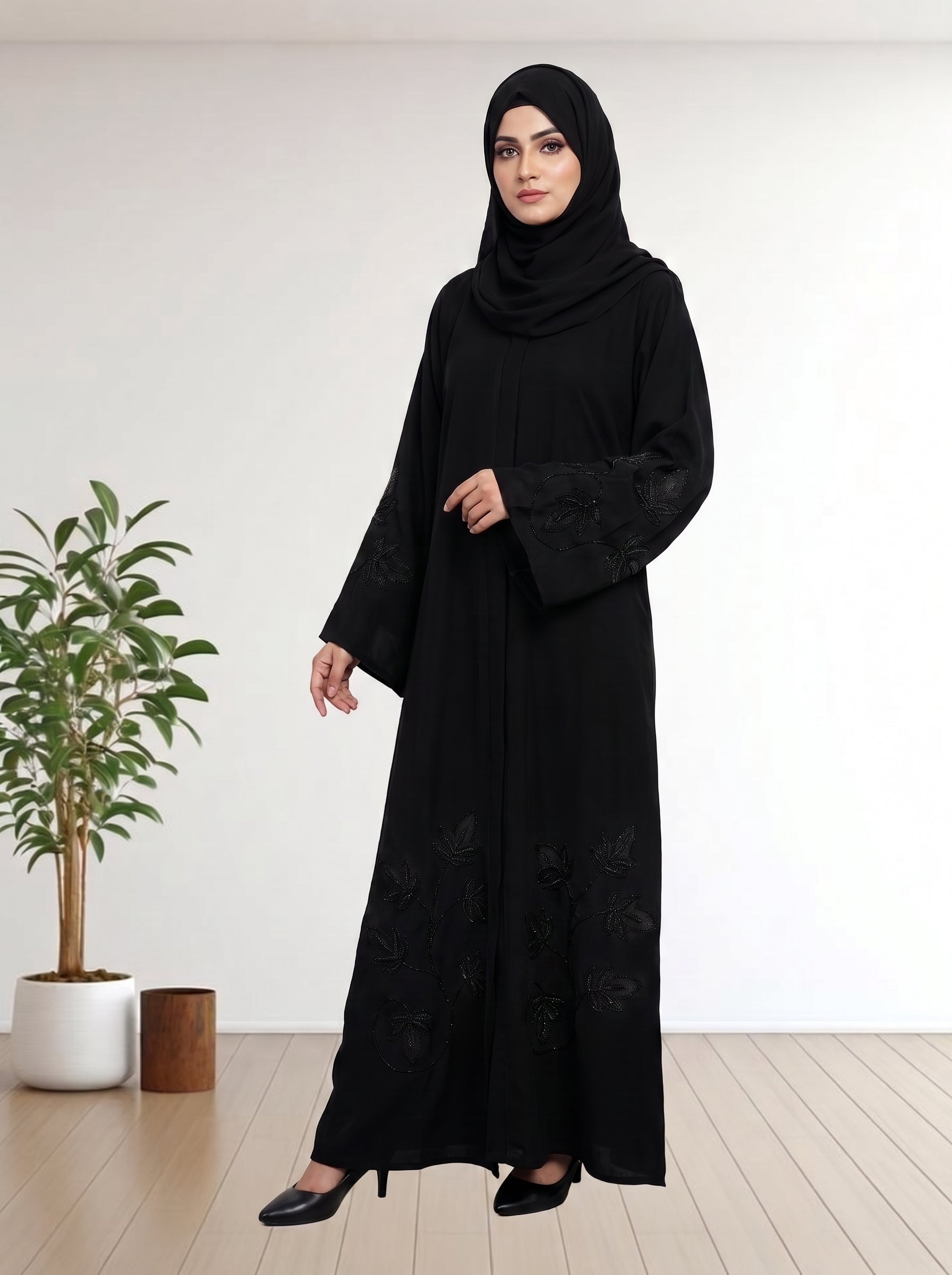Premium Black Abaya with Handcrafted Stone & Beadwork