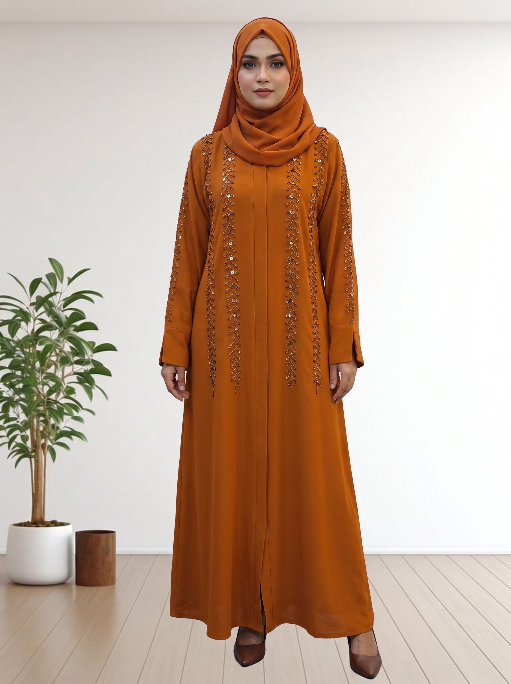 Premium Burnt Orange Beaded Occasion Abaya with Matching Hijab