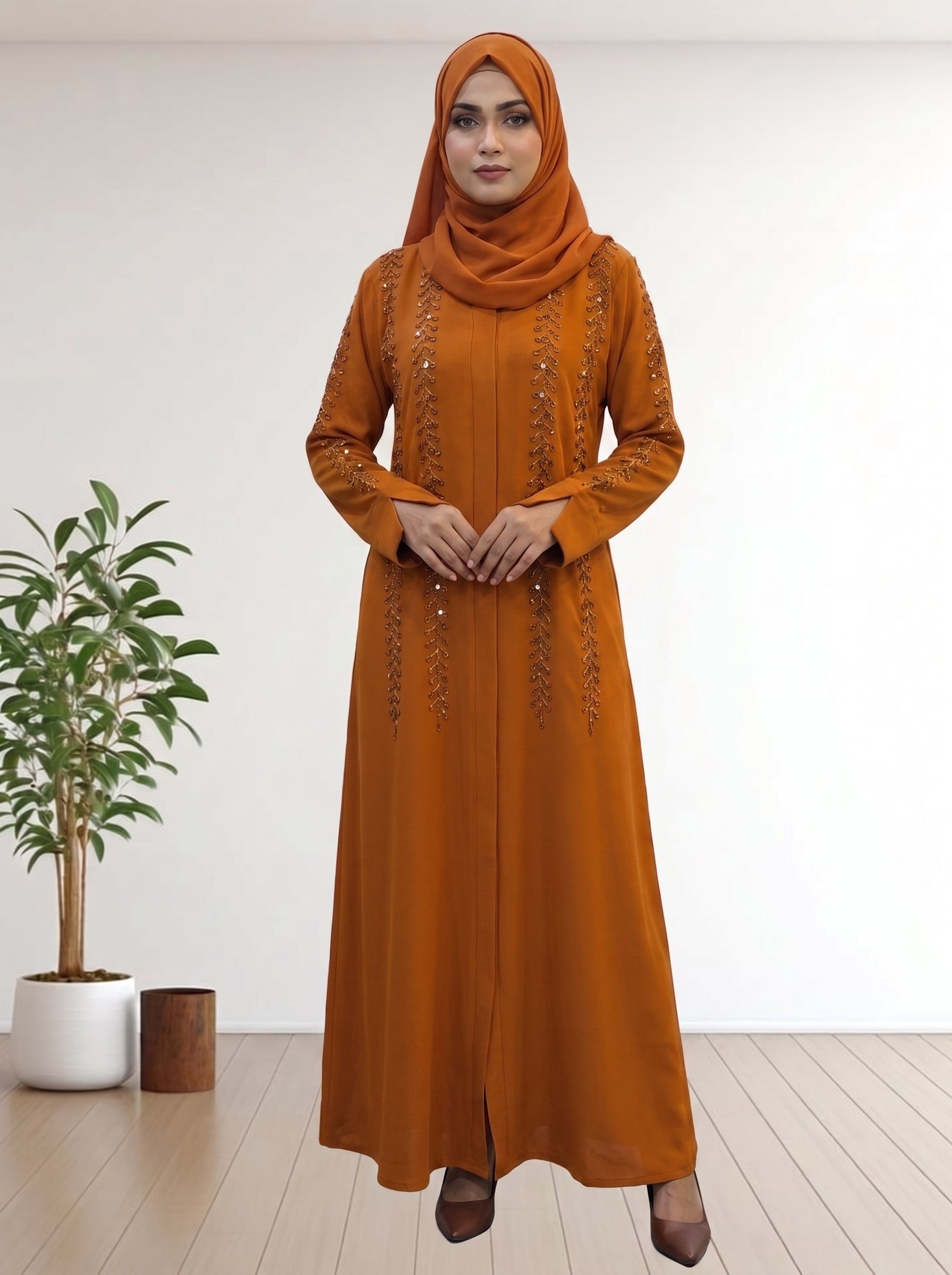 Premium Burnt Orange Beaded Occasion Abaya with Matching Hijab