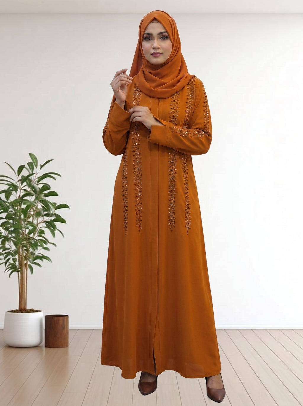 Premium Burnt Orange Beaded Occasion Abaya with Matching Hijab