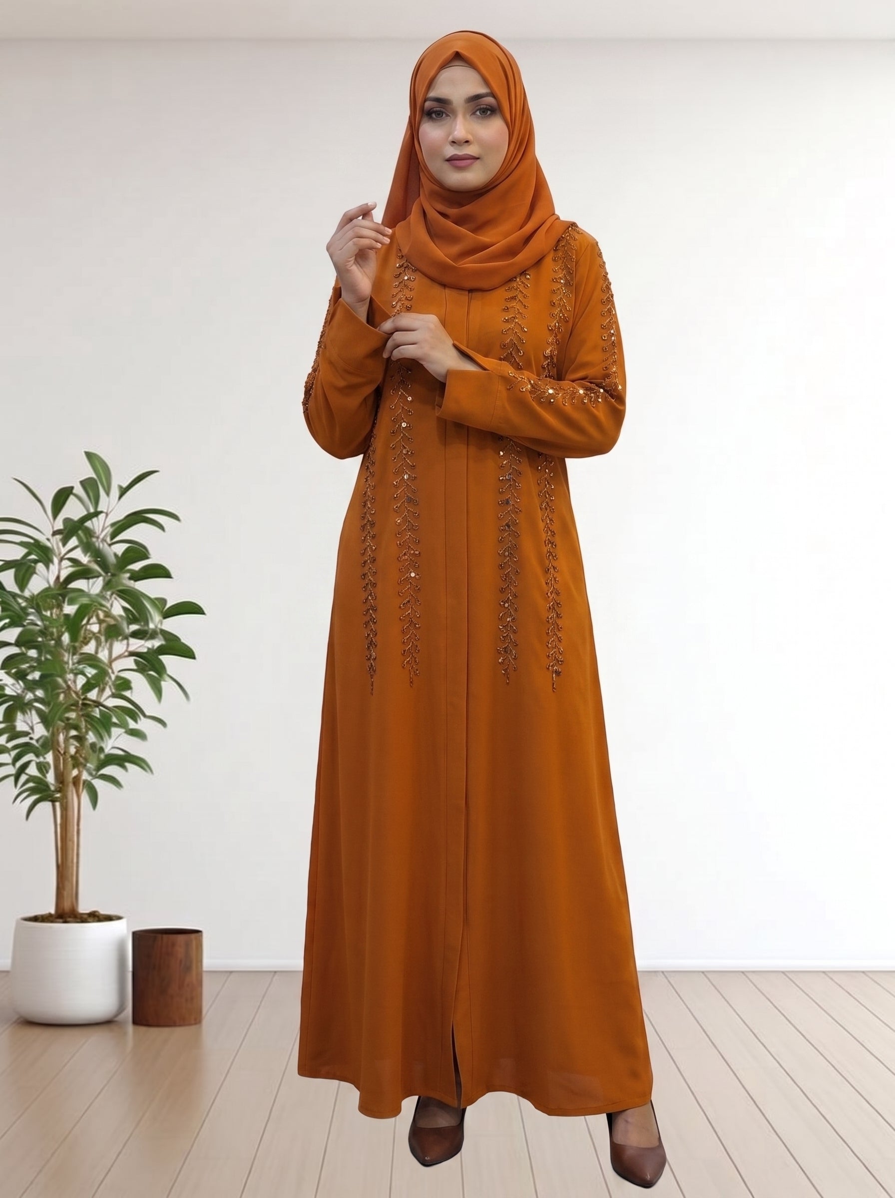 Premium Burnt Orange Beaded Occasion Abaya with Matching Hijab