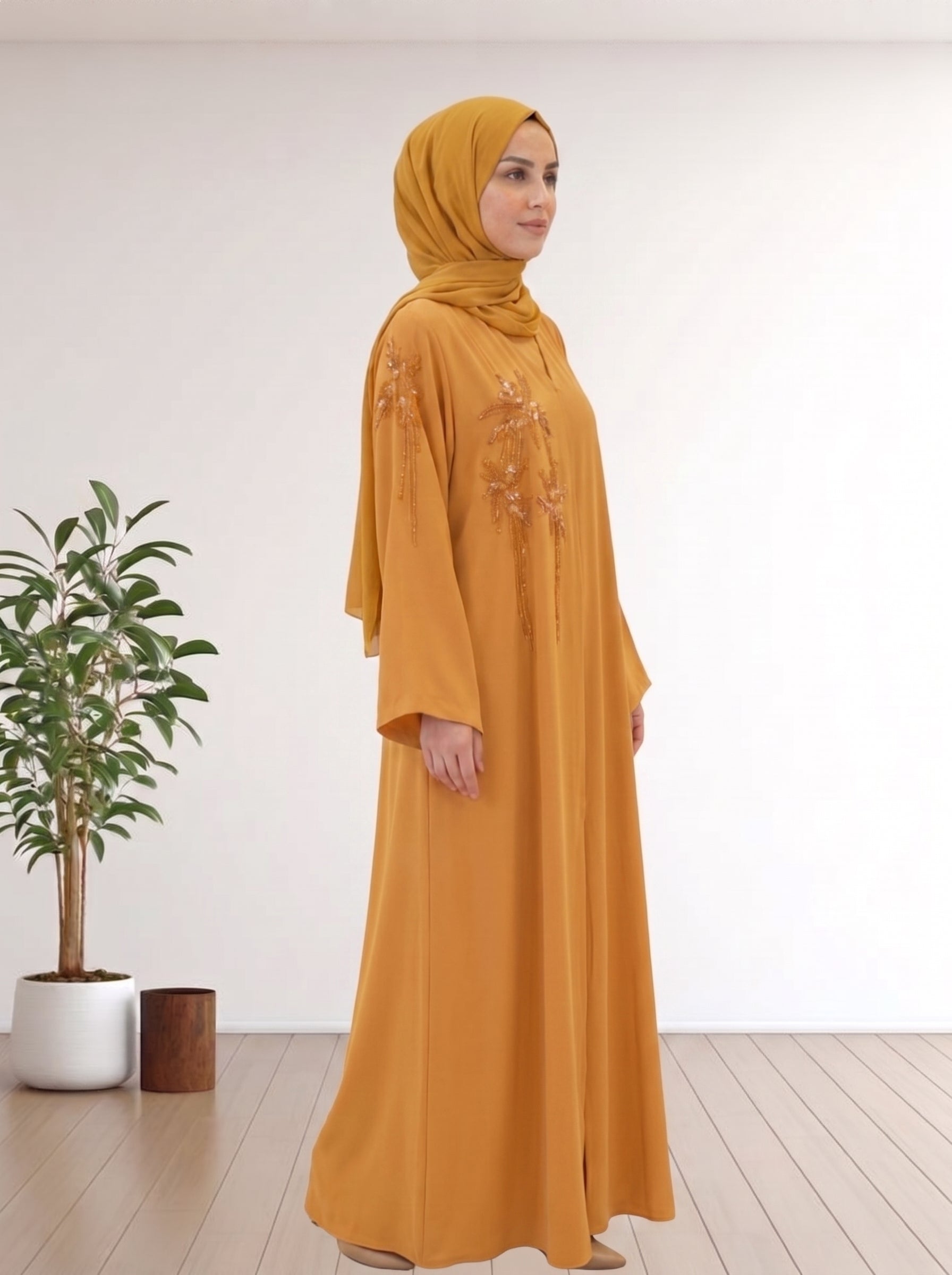 Premium Mustard Yellow Nida Abaya with Handmade 100% KOREA